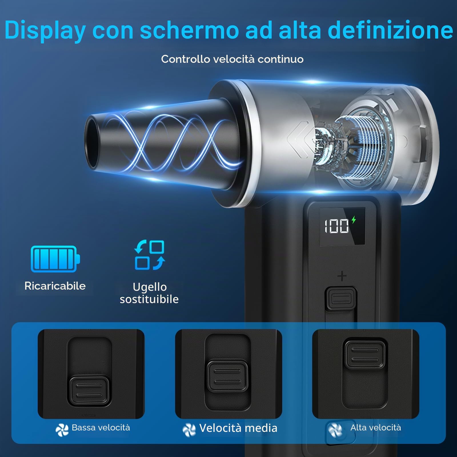 Soffiatore Aria Compressa 2-in-1 Air Duster Elettrico & Aspirapolvere 180000 RPM, Batteria 8000mAh, 100 Livelli di Velocità, Display Digitale, Kit Pulizia PC, Tastiera e Auto, USB-C