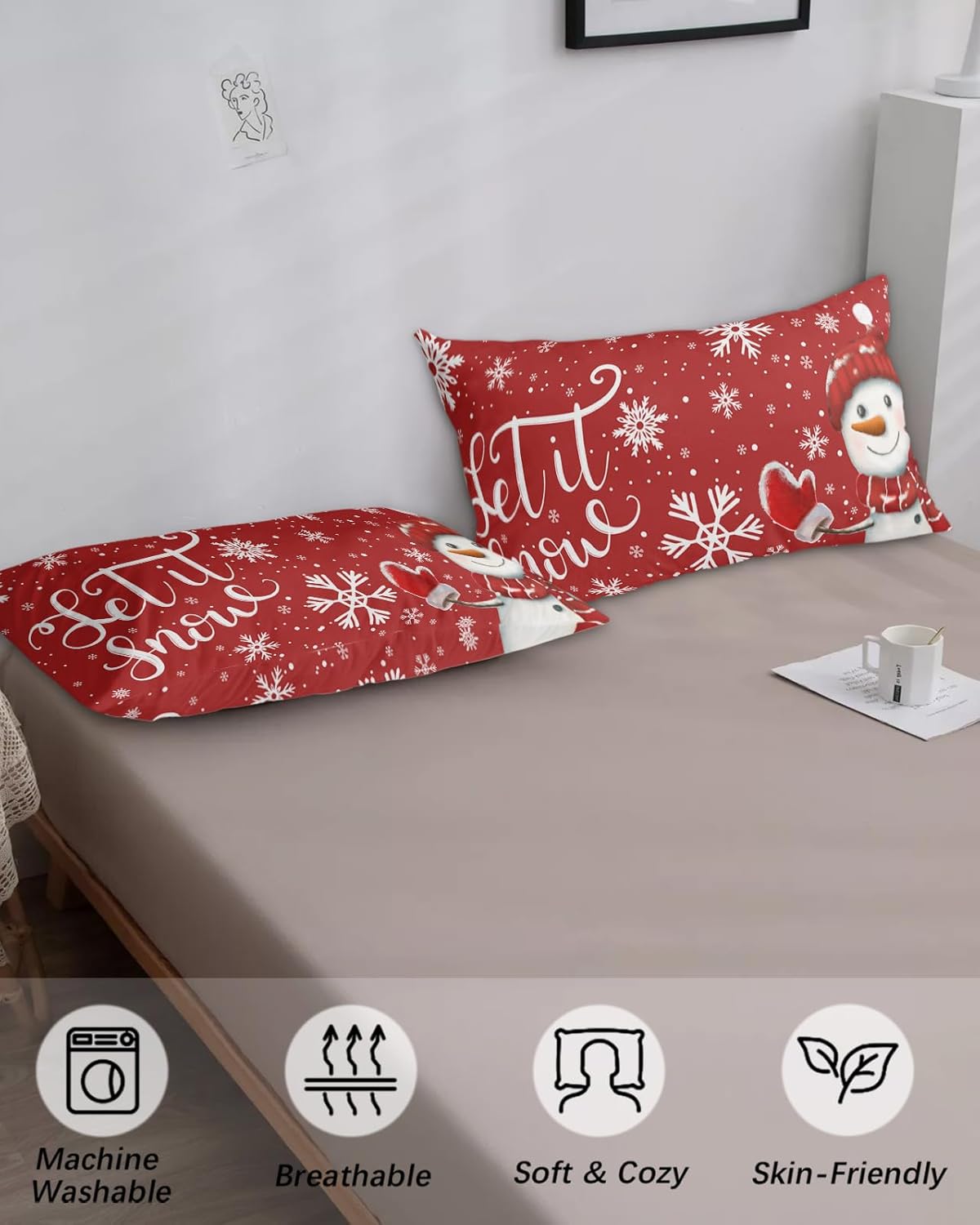 Snowman King Size Pillowcases, Soft Bed Throw Pillow Covers Sham Luxury Decorative Sofa Couch Long Body Lumbar Bolster Cushion Case with Envelope Closure, Red White Christmas Winter Snowflake 20"x40"