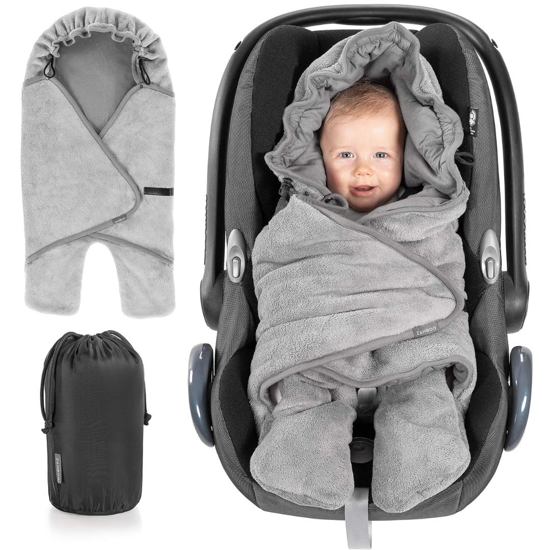 Zamboo Couverture Enveloppante Bébé Siège Auto avec Pieds - Nid d'ange Bebe Léger pour Cosy (par ex. Bébé Confort, Cybex, Römer) et Landau, Sac Inclus - Gris