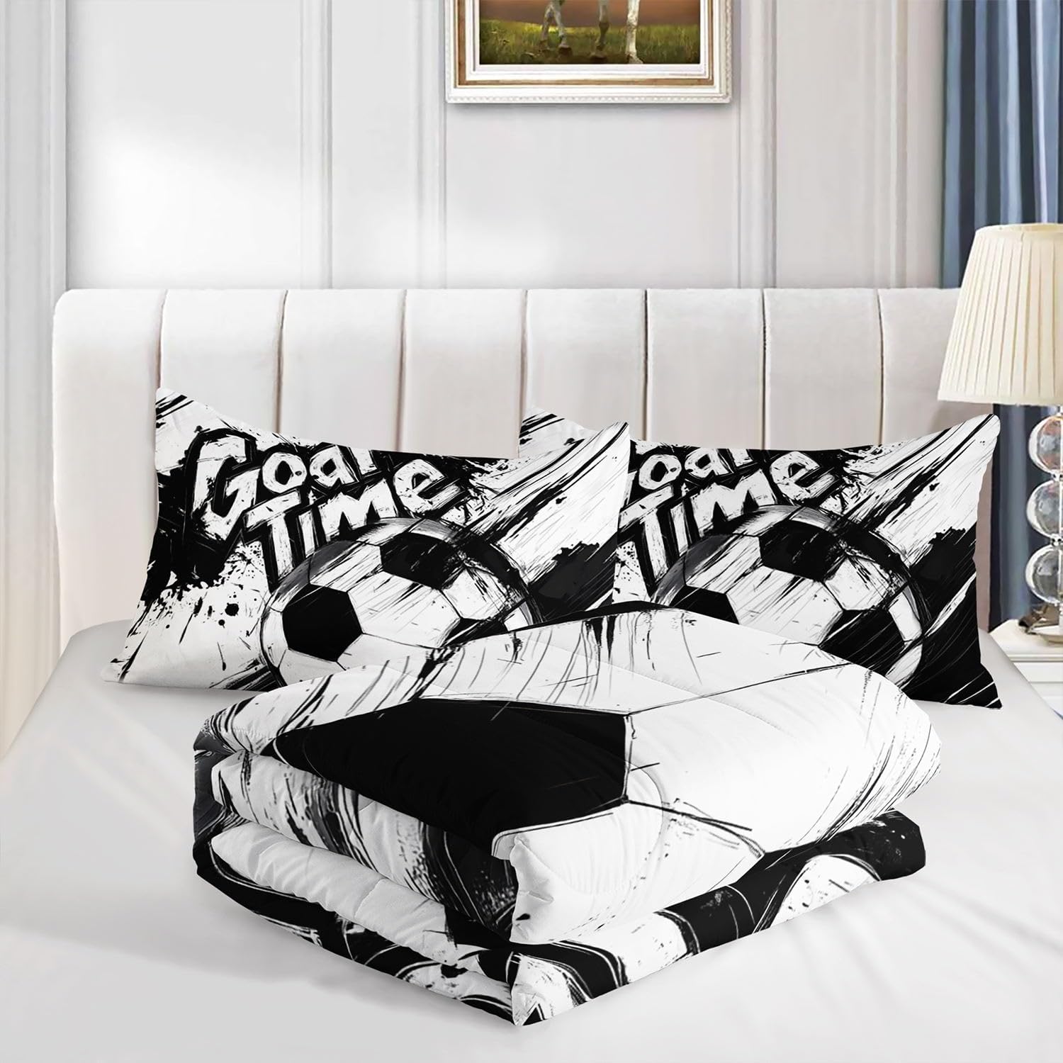 Black and White Soccer Comforter Set Sport Themed Printed Bedding Set with 1 Comforter and 2 Pillowcases for Boys and Girls Bedroom All Season(Soccer Queen) - Image 4