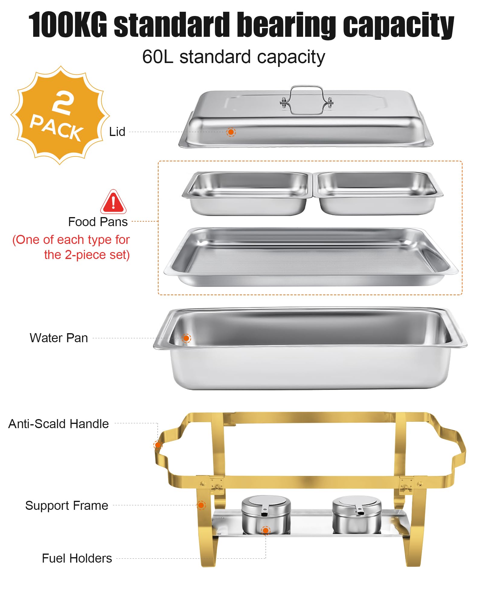 Gold Chafing Dish Buffet Set 9L,Buffetwärmer[Rollranddesign],2pcs Edelstahl Warmhaltebehälter [Elegante Gold und Silberfarben] Speisenwärmer Rechaud für Catering Buffet und Party