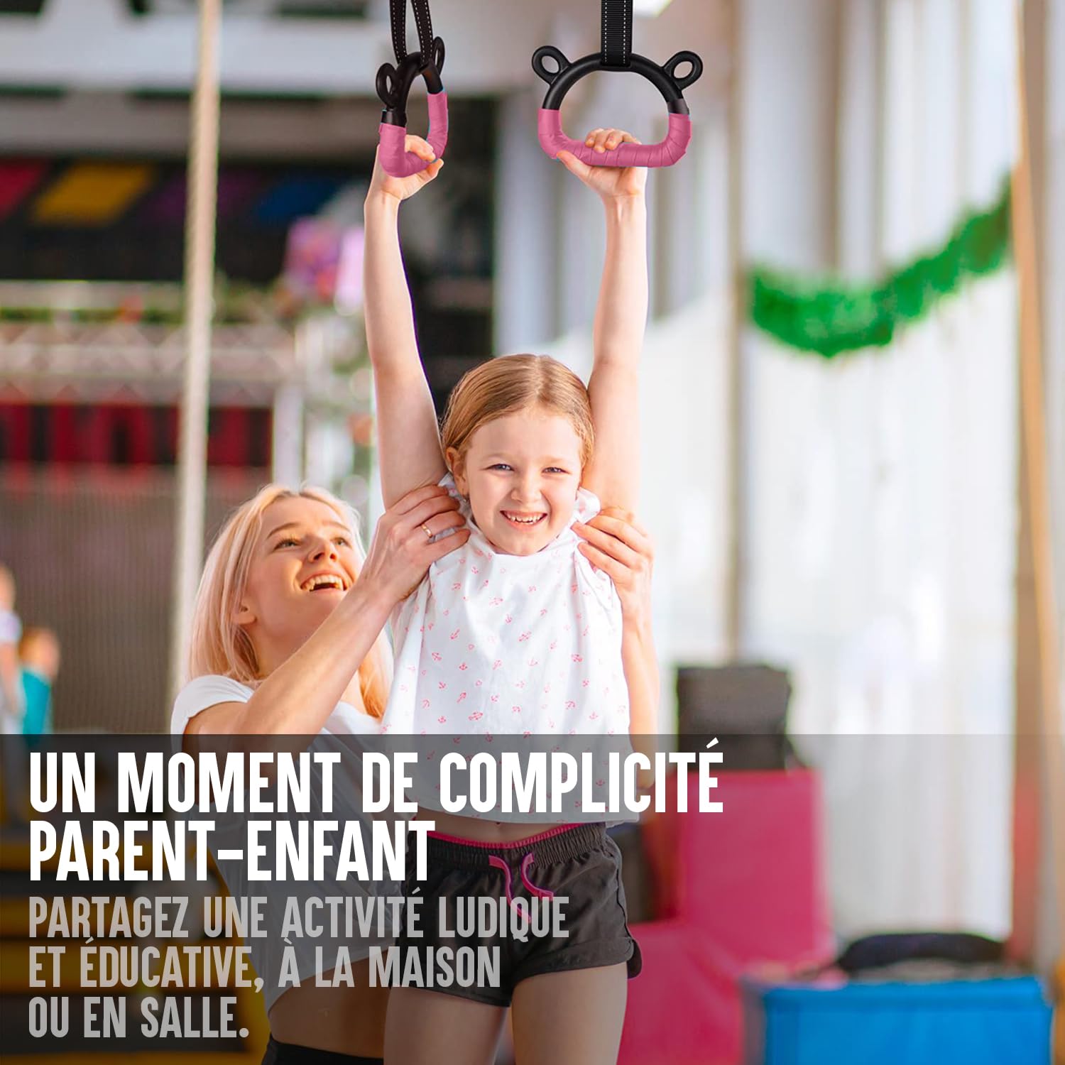 Gym Bar® Barre Gymnastique Enfant Violette + Anneaux Gym Roses | 13 Niveaux Ajustables 90-150 cm | Acier et Bois Hêtre | Sangles Réglables Antidérapantes | Fitness Intérieur Extérieur | Aerobik
