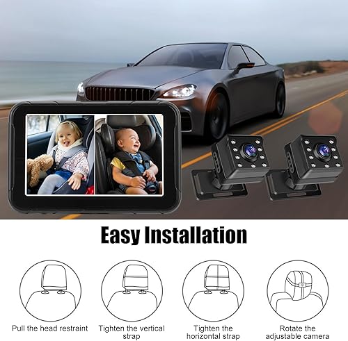 Miniatura 3 de Cámara de coche para bebé, doble canal de 5 pulgadas, 1080P, monitor infantil con 2 cámaras de visión nocturna IR y ángulo de visión amplio de 150