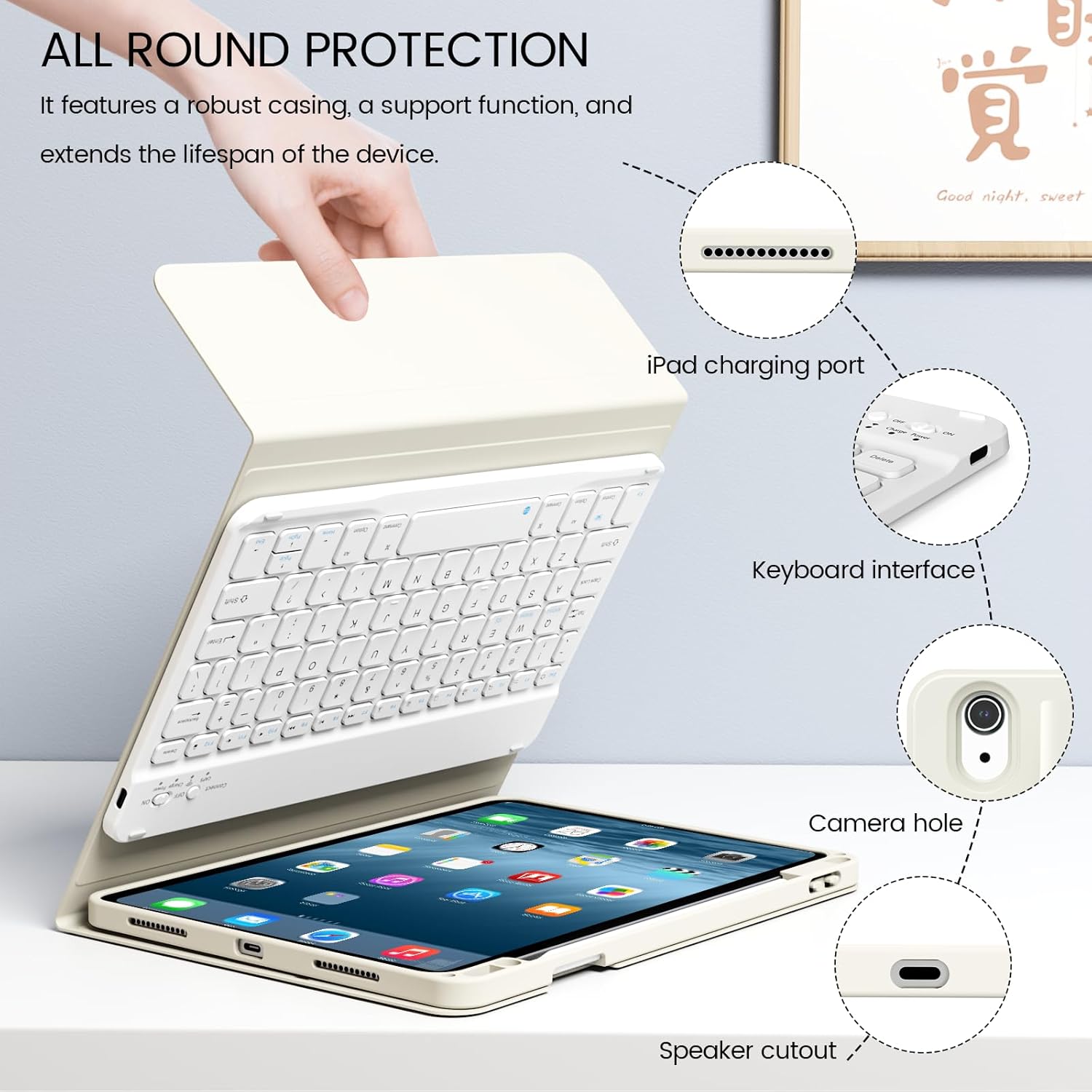 Case with Keyboard for iPad Air 11 inch M4/M3/M2 (2026/2025/2024), Air 5th 4th Generation (2022/2020) 10.9 Inch, Magnetically Detachable Bluetooth Keyboard Cover with Pencil Holder, Cream White