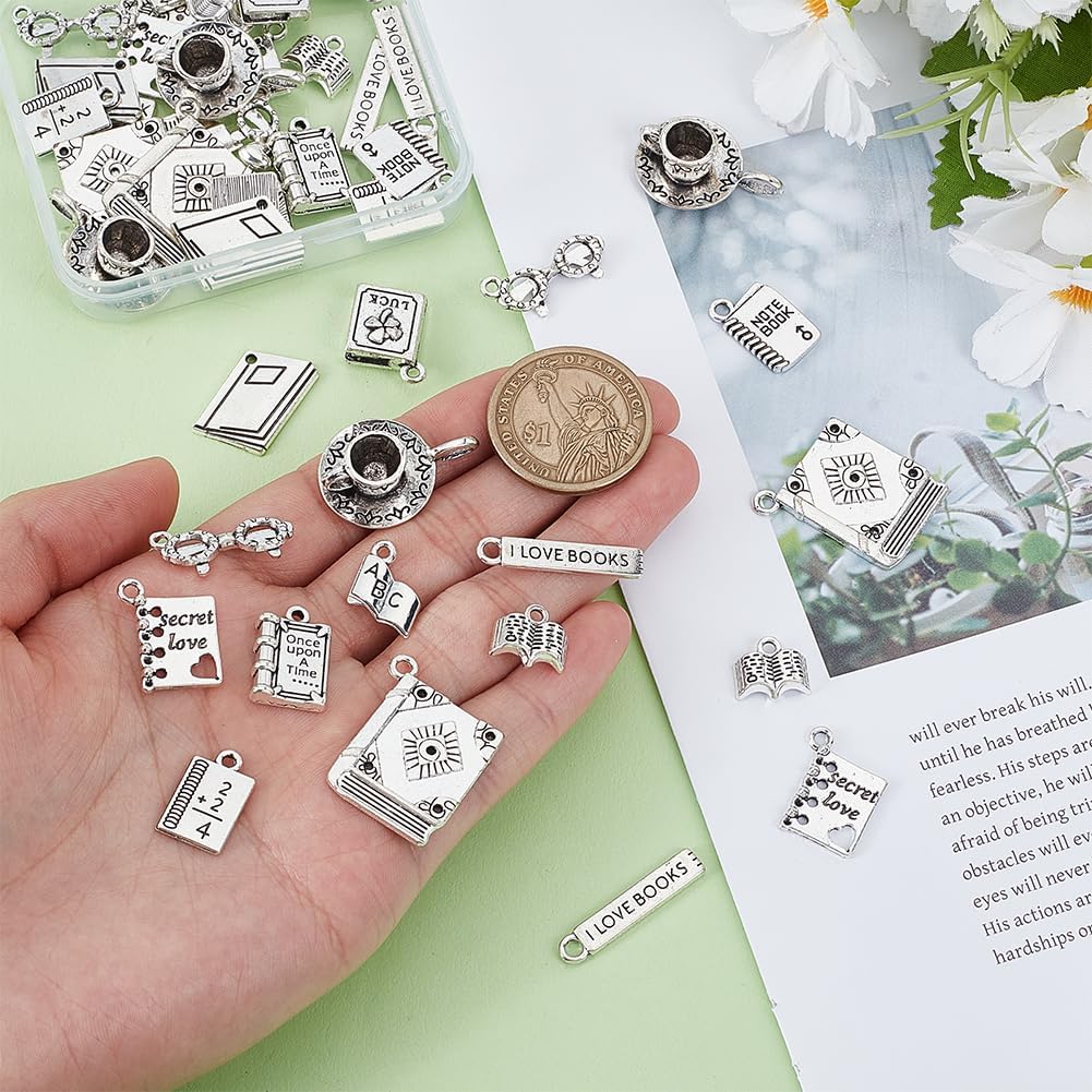 AHANDMAKER 56Pcs 14 Styles Antique Silver Book Charms, Metal School Library Theme Pendants, Book Coffee Cup Notebook Glasses Study Charm for DIY Jewelry Making Necklaces Bracelets Keychains - Image 3