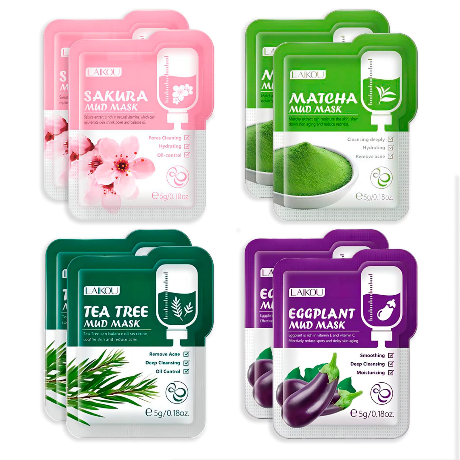 8 PCS Clay Masks Skin Care Set, Contains Tea Tree Oil Control Mask, Sakura Essence Mask, Green Tea Deeply Clean Mask and Eggplant Mud Mask, Blackhead Remover Mask Facial Mask, Face Care Clay Mask