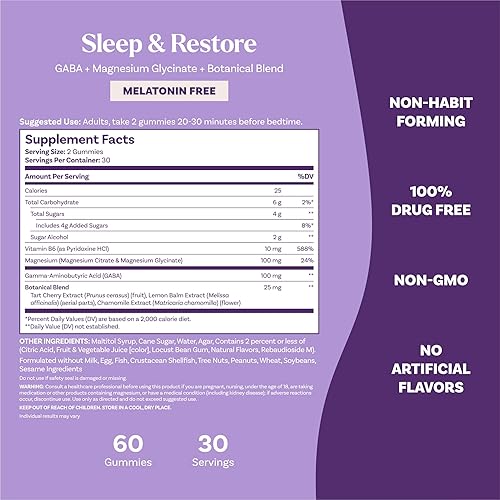 Miniatura 6 de Natrol Sleep & Restore - Gomitas de mezcla de glicinato de magnesio, magnesio para ayudar al sueño para adultos, sin melatonina, sabor a cereza