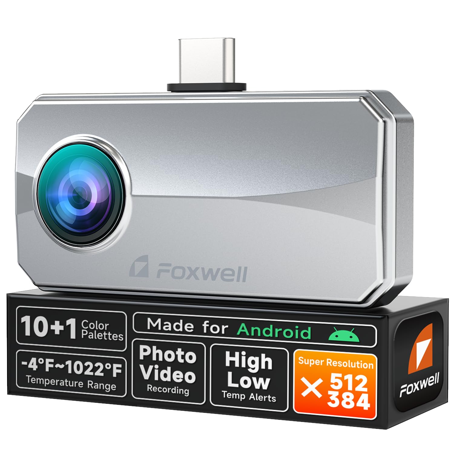 FOXWELL RT100 Thermal Camera for Android Smartphones & PC, 512x384 TISR Resolution Thermal Imaging Camera for Home Automotive Industrial Leak Heat Loss Inpsection, 25Hz Refresh Rate Thermal Imager