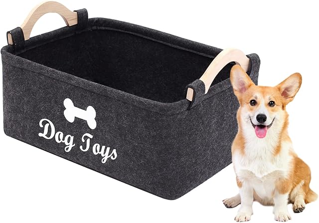 Geyecete dog toy basket storage Bins - with Wooden Handle,Collapsible Pet Supplies Storage Basket puppy toy box storage Basket/Bin Kids Toy Chest Storage Trunk (Dark Grey)