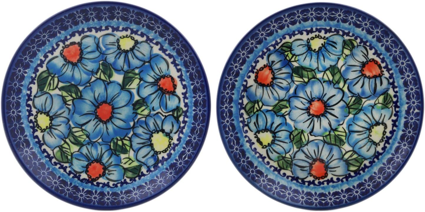 Polmedia Polish Pottery Set of 2 dessert plates UNIKAT - Bold Blue Poppies Pattern Handmade in Boleslawiec Poland by Ceramika Bona + Certificate of Authenticity