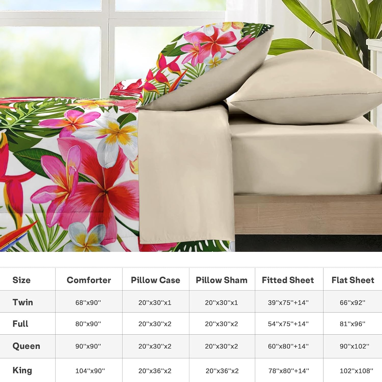 Nesker 7 Pcs Comforter Set Queen Size, Tropical Flower Palm Leaf Bedding Set for Kids and Adults, Leaves Floral Hibiscus Sheets Bed Sheet Sets with Fitted Sheet 2 Pillowcases & 2 Shams
