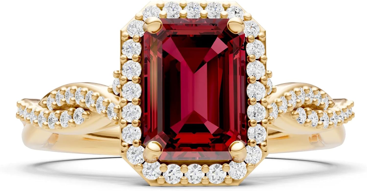 PEORA Emerald Cut Cut Garnet Solitaire Band Available in Solid 10K, 14K or 18K Ring – White, Yellow or Rose Gold