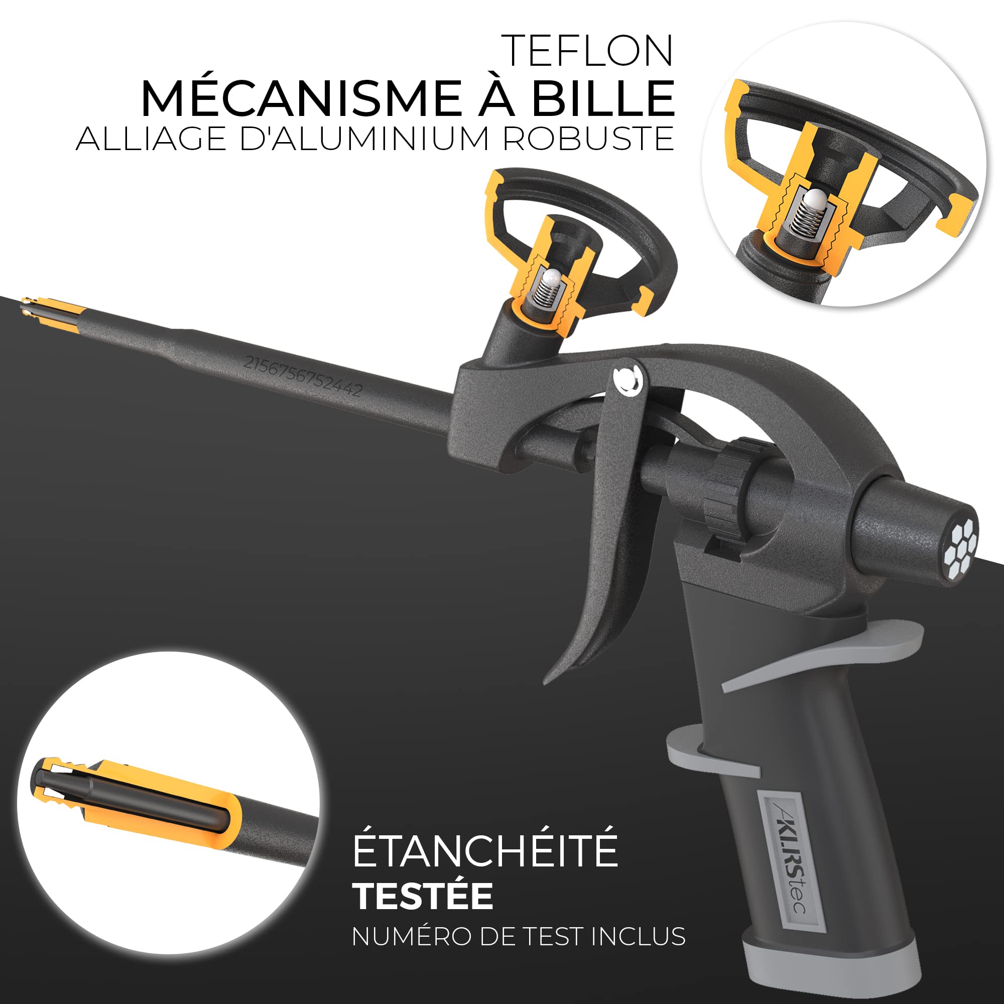 KLRStec® PROFESSIONAL Pistolet à mousse PU revêtu de téflon (PTFE) - Pistolet de montage professionnel I Pistolet à mousse pour le bâtiment réglable à une main (1k & 2k 750ml), accessoires inclus