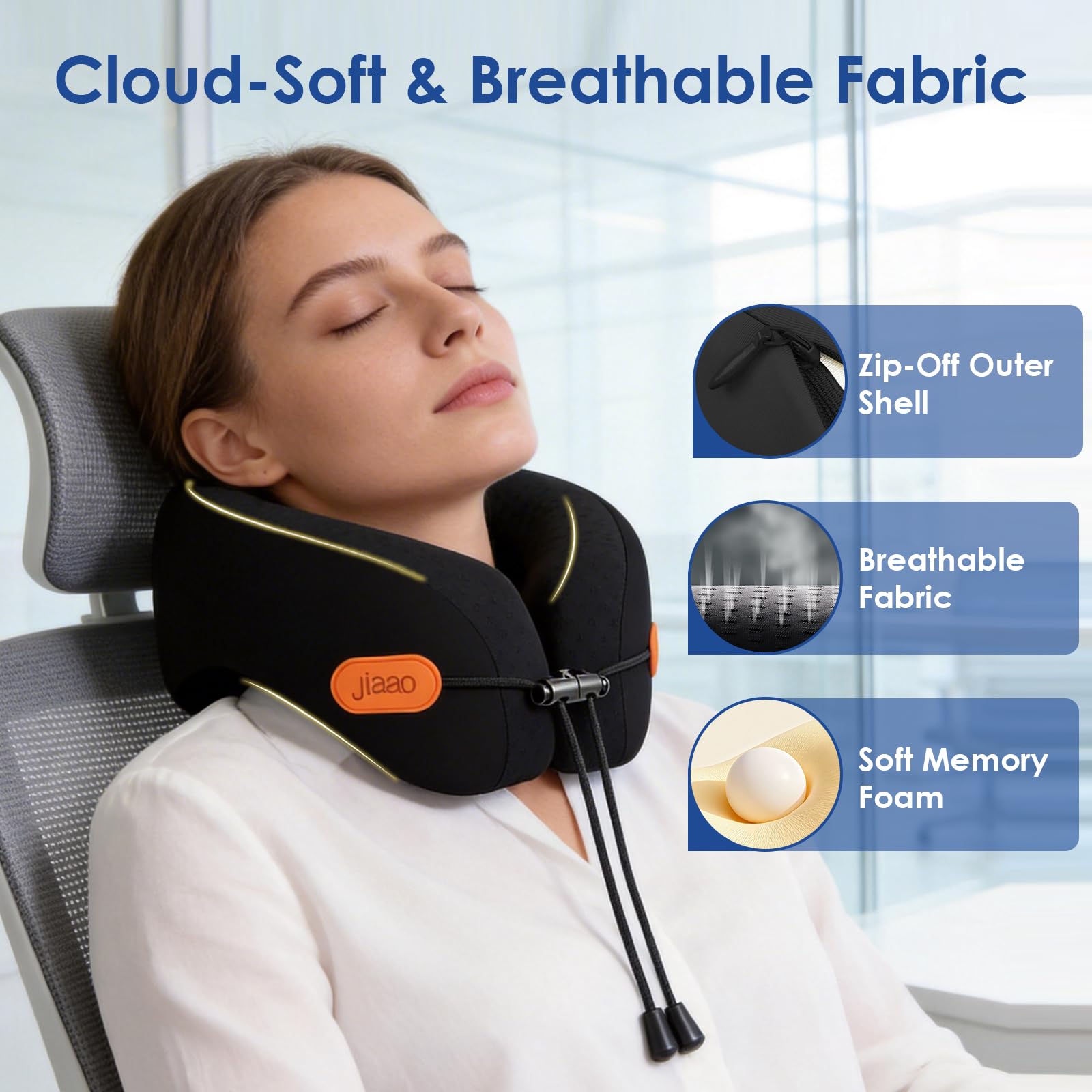 jiaao Travel Pillow - Cuscino cervicale in memory foam per aerei, con collare regolabile, include occhiali per dormire, tappi per le orecchie e custodia per riporre oggetti, ideale per viaggi in aereo