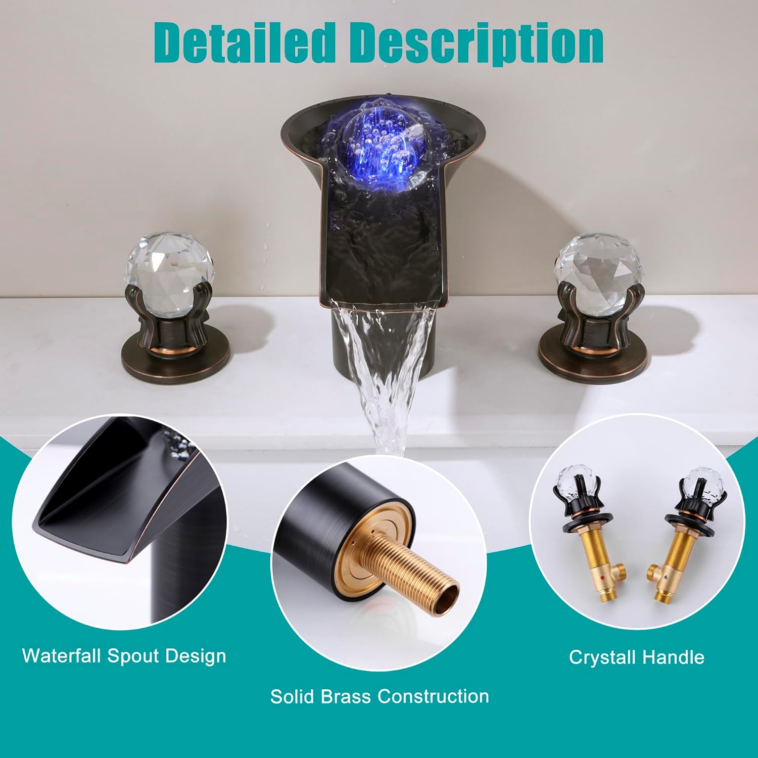 SKOWLL Waterfall Bathroom Faucets Wide Spread Bathroom Faucet 3 Hole, Oil Rubbed Bronze Deck Mount Sink Faucet Lights Centerset with Two Handle