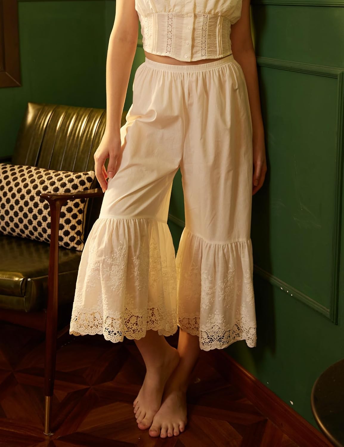 BEAUTELICATE Vintage Cotton Shorts Pettipants Culotte Slip Cropped Sleepwear Pants with Lace Edge - Image 2
