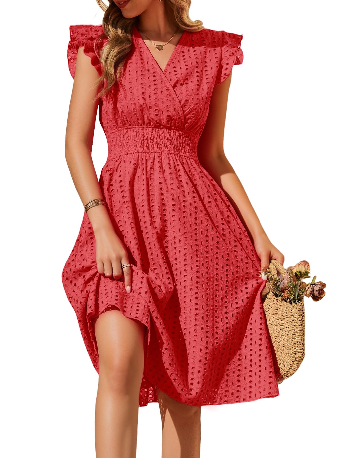PASUDA Abito Estivo Donna Scollo a V Vestito Donna Cotone Senza Maniche con Volant Elegante Vestiti Estivi Corti Jacquard Leggero Abiti Vita Alta Mare da Spiaggia con Tasche Casual Moda