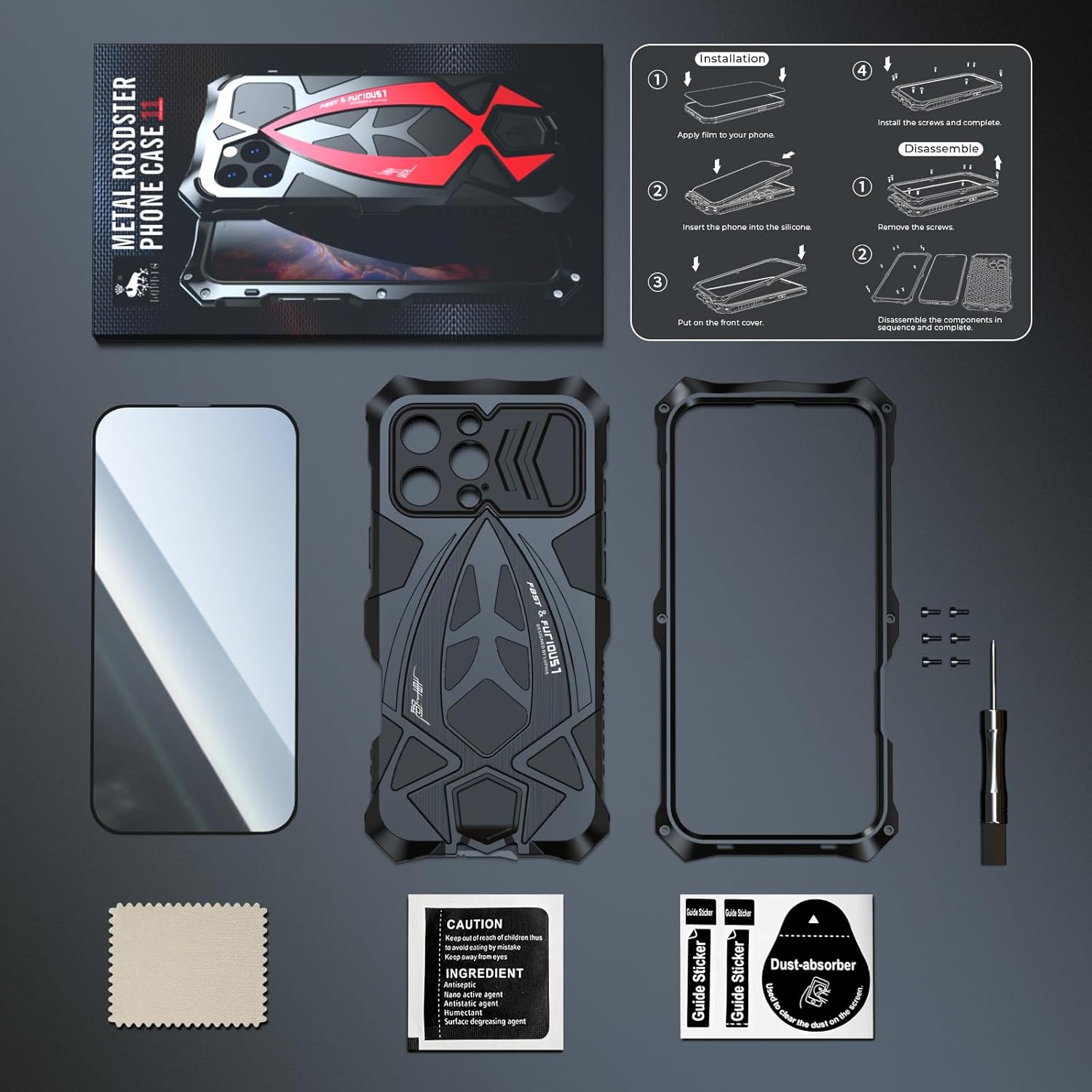 Compatible with iPhone 16 Pro Max Metal Case,Outdoor Aluminum Metal Gorilla Glass Shockproof Military Heavy Duty Sturdy Protector Cover Hard Case with Screen Protector (Black)