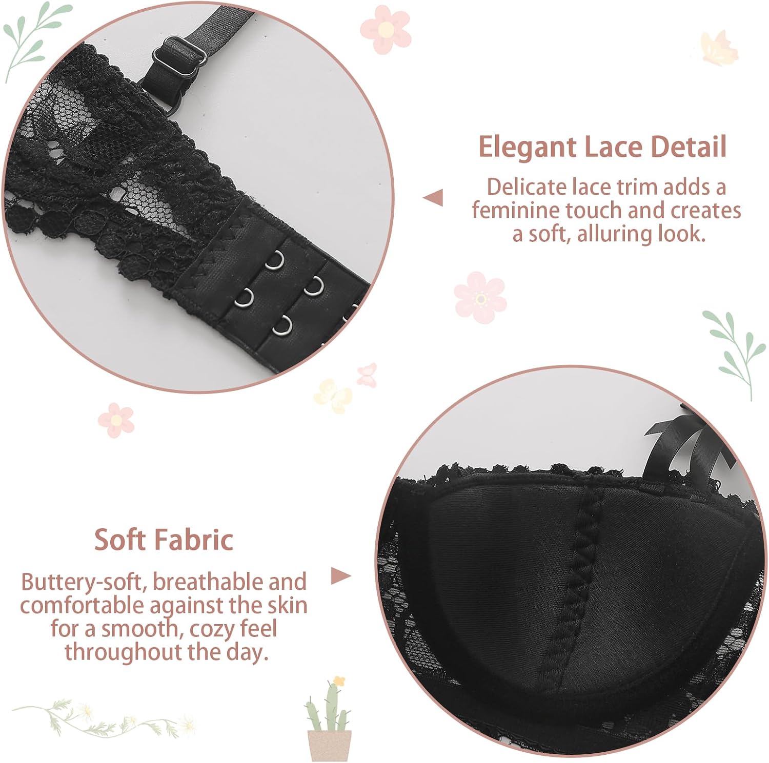 Women's Sexy Lace Bra 1/2 Cup Balconette Shelf Bralette Push Up Lingerie See Through Sheer with Adjustable Straps