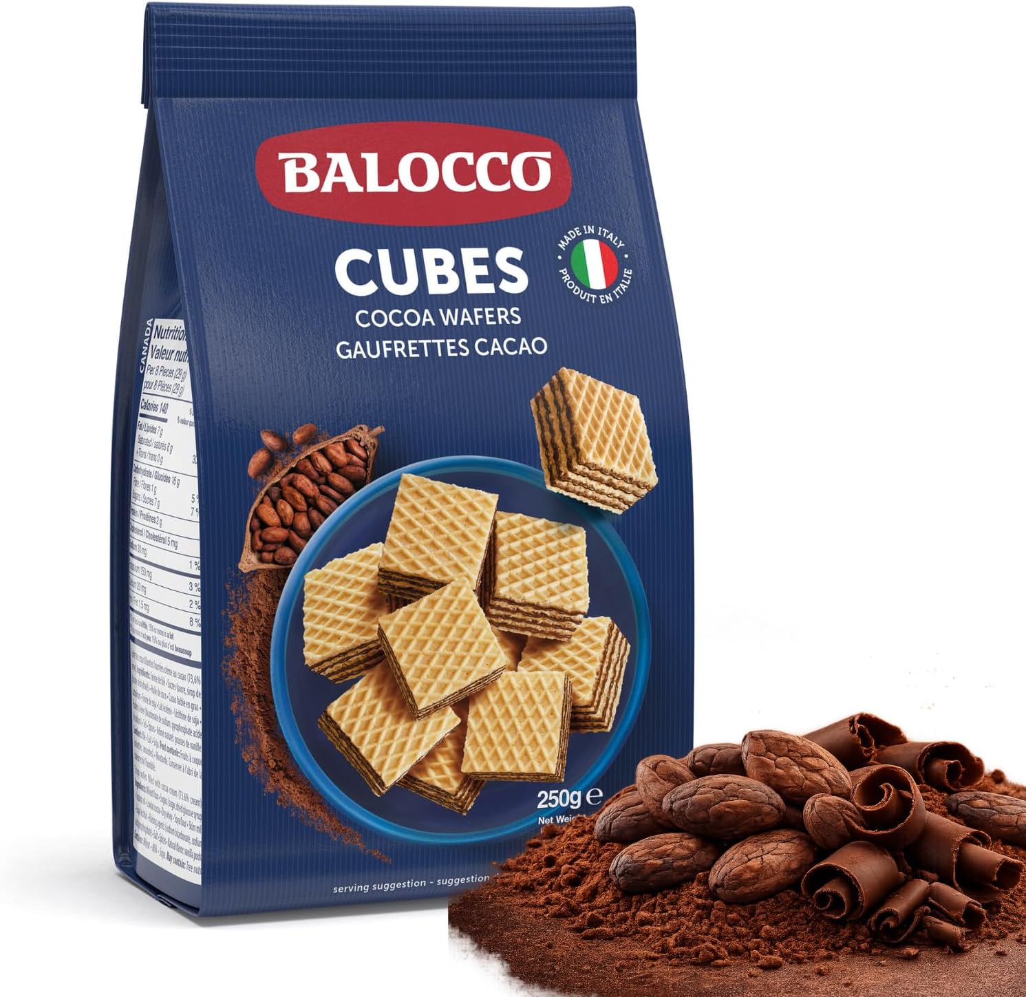 Balocco Cocoa Wafer Cubes Cookies 8.8 Oz (250g) | Crispy Italian Square Wafer Chocolate Cookies with 4 Layers of Cacao Butter, Non-GMO, Product of Italy