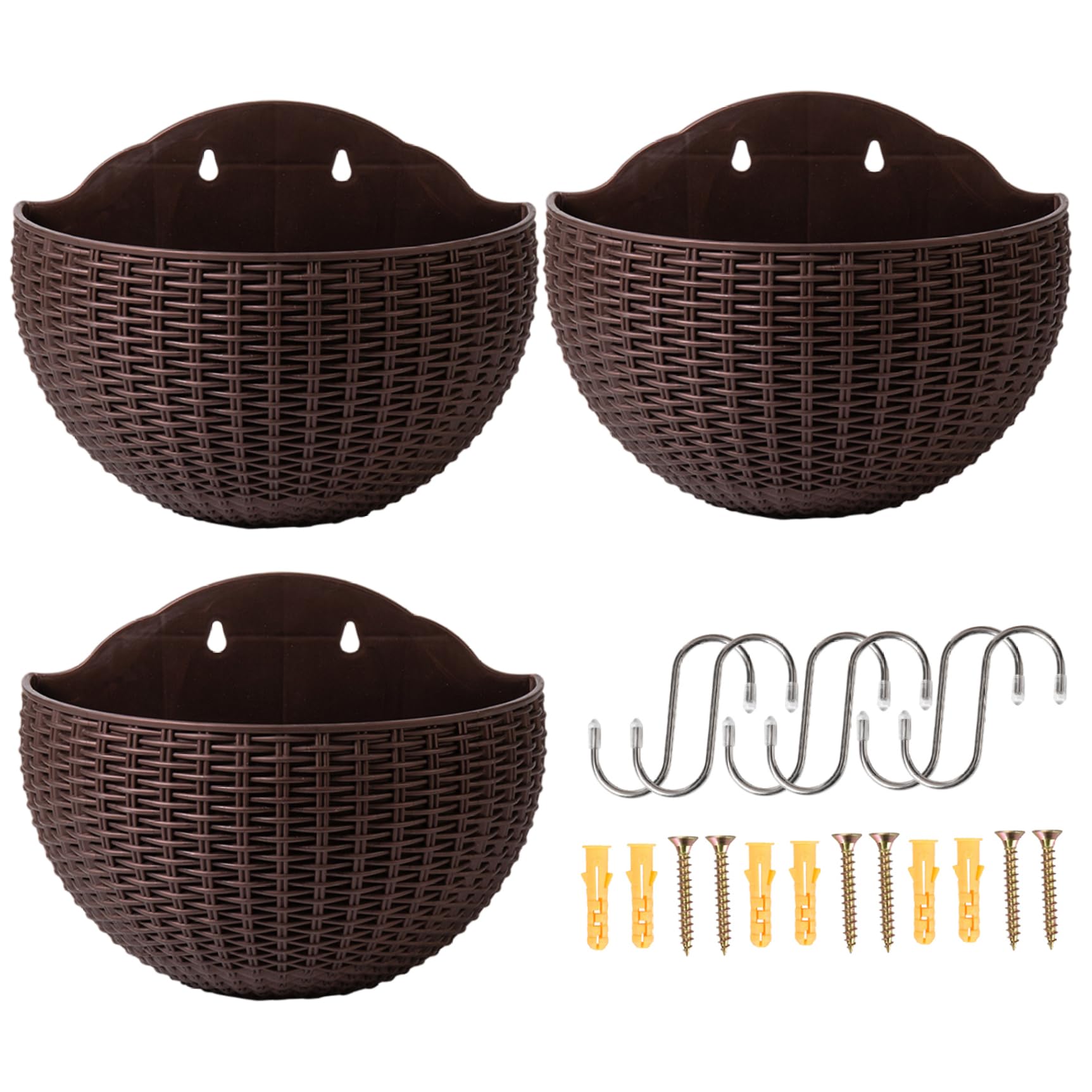 Hbbgdiy 3Pcs Coffee Color PP Hanging Wall Planter, 8x6.5 Inch Hanging Plant Pot with Draining Hole & Plug for Indoor Outdoor Planting, Space Saving Decor