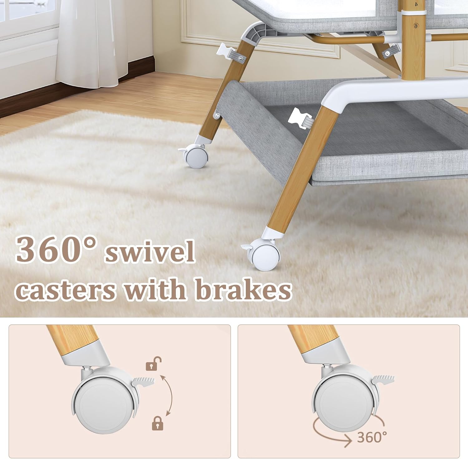 3 in 1 Baby Bassinet, Bedside Sleeper for Newborn, 7-Level Height Adjustable, Rocking Design with Breathable Mesh, Lockable Wheels & Large Storage Space, Portable Baby Crib（Light Gray）