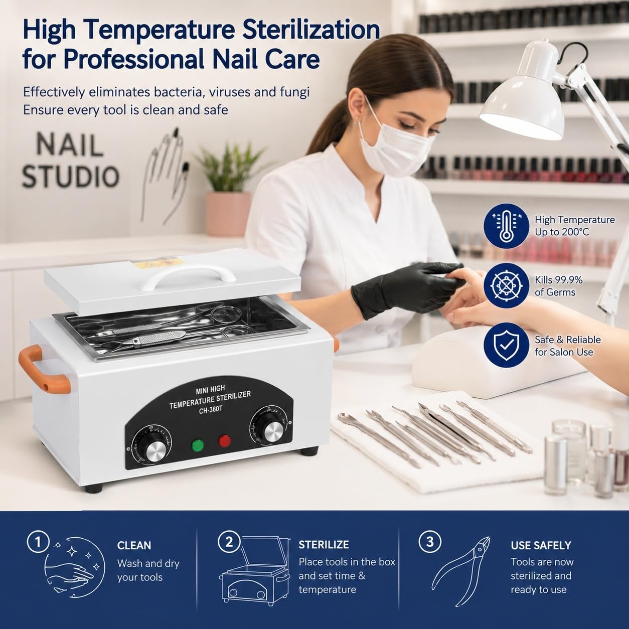 220°C Mini Heißluft-Sterilisator, Trockenhitze-Sterilisator mit 60-Minuten-Timer für Metallinstrumente, Professionelles Sterilisationsgerät für Nagelstudio, Friseursalon, Tattoostudio & Kosmetik