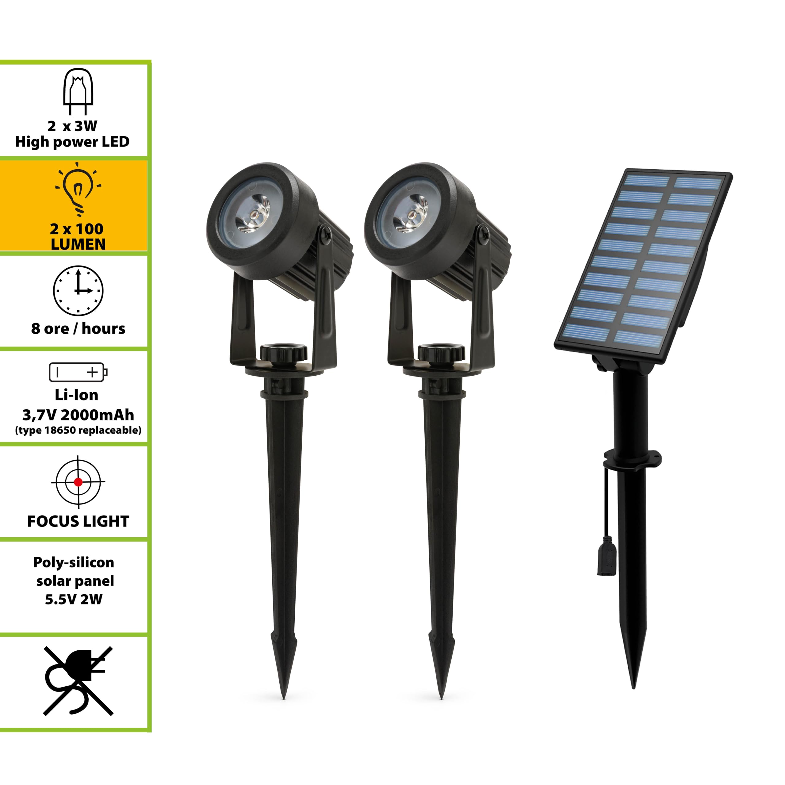 Zestaw 2 zewnętrznych reflektorów LED z panelem słonecznym – 2 x 100 lumenów, lampy ogrodowe solarne, IP65, wodoodporne, do ogrodu, krzewów, podwórka, doniczek i roślin