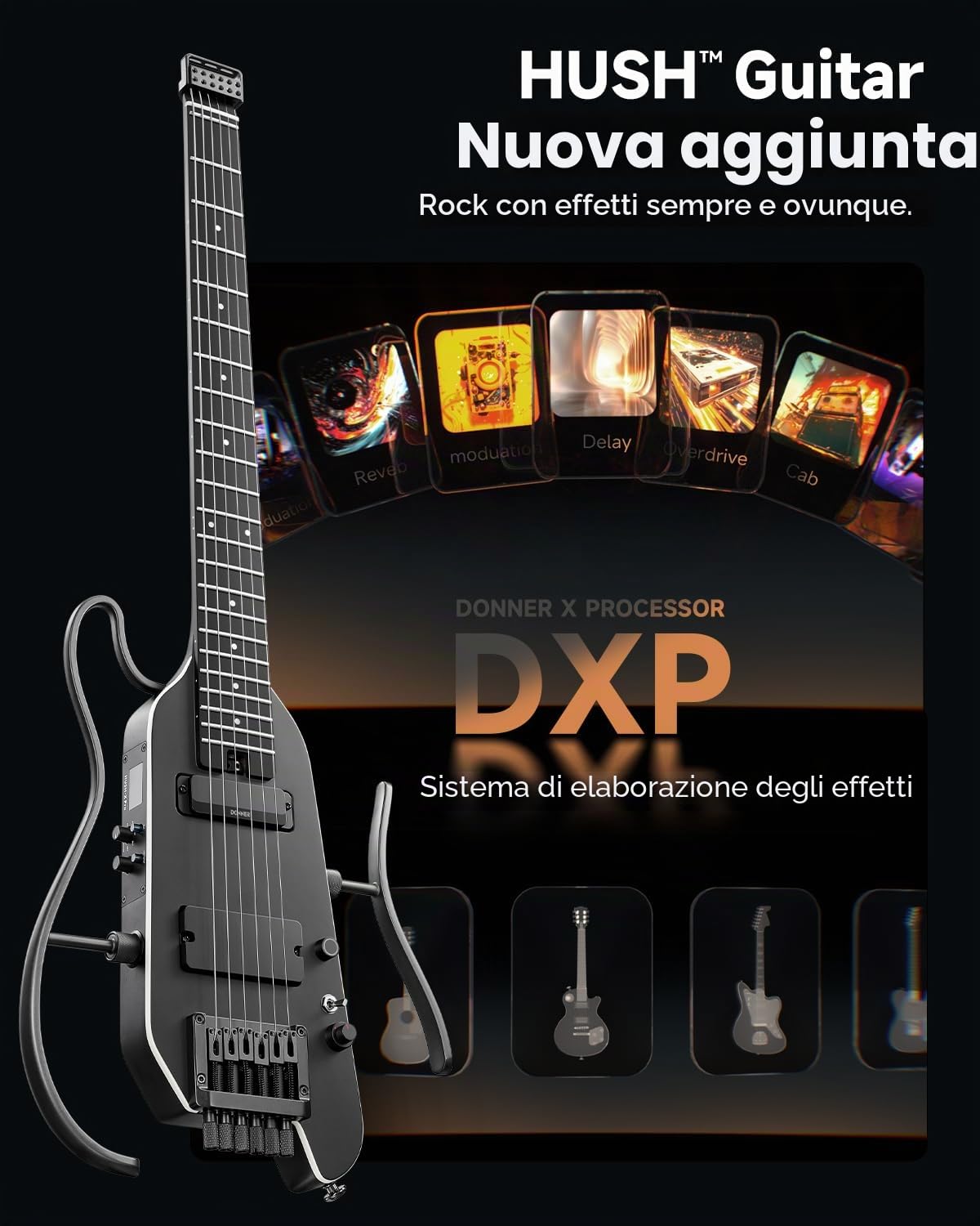 Donner HUSH X PRO Kit Chitarra Elettrica – Chitarra da viaggio intelligente con dozzine di combinazioni preimpostate, 7 opzioni di simulazione del tono, Nero