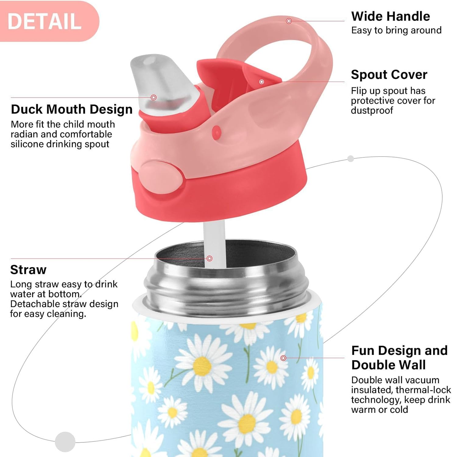 White Daisy Flower Kids Water Bottle with Silicone Straw for Girls Boys Blue Floral Toddlers Insulated Stainless Steel with Straw Lid BPA-Free Duck Mouth Tumbler 12 oz Pink