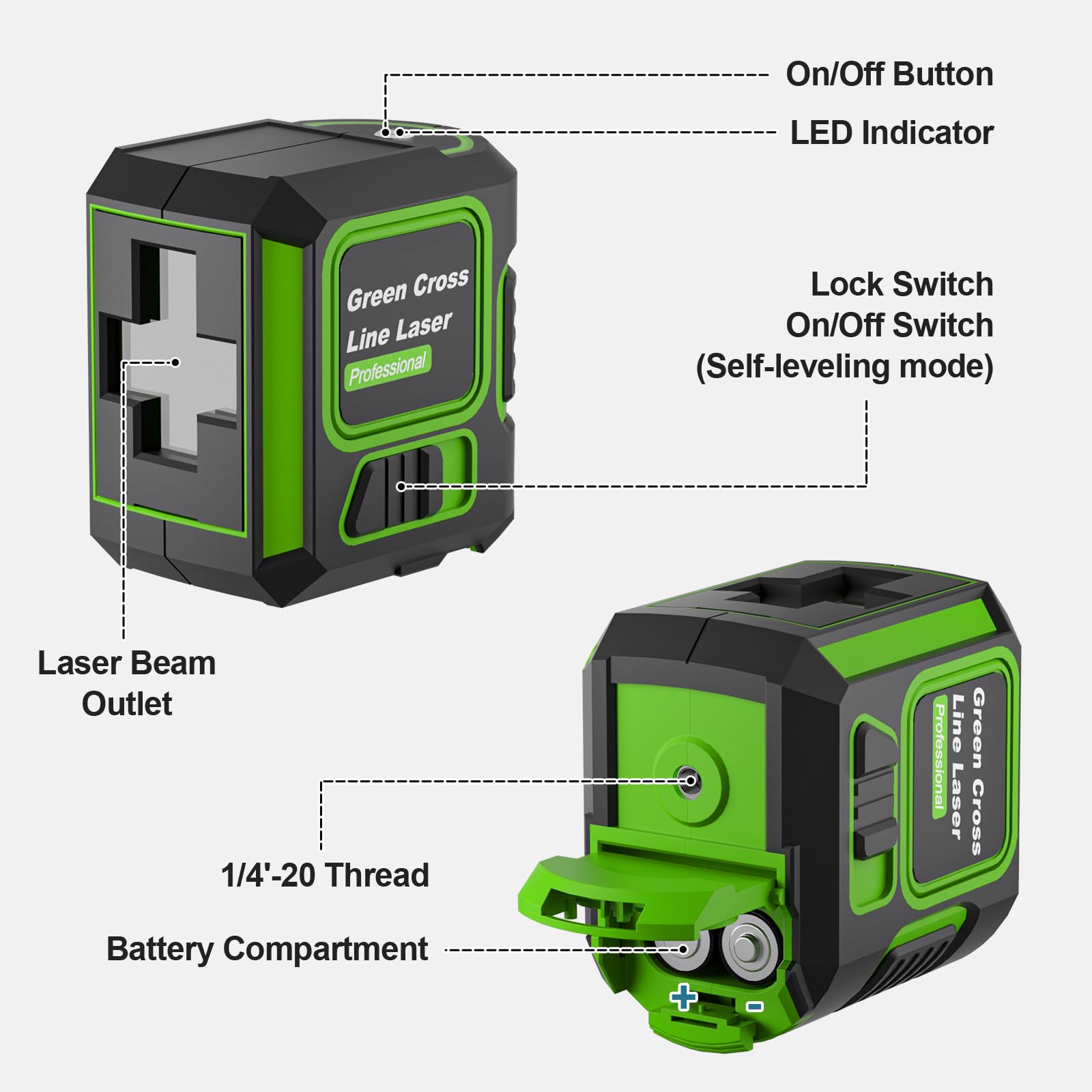 Nivel Laser con Tripode, Nivel Laser Autonivelante 360 Grados, Resistente al Agua IP54 y Brillo Ajustable, Laser Verde para Diseño de Interiores y Obras (con 2 Pilas AA)