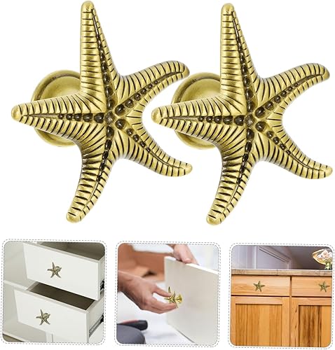 Miniatura 2 de HOMSFOU 6 tiradores de cajón con manija retro, pomos de gabinete de cocina, mesa de tocador, perillas en forma de estrella de mar, decoración del