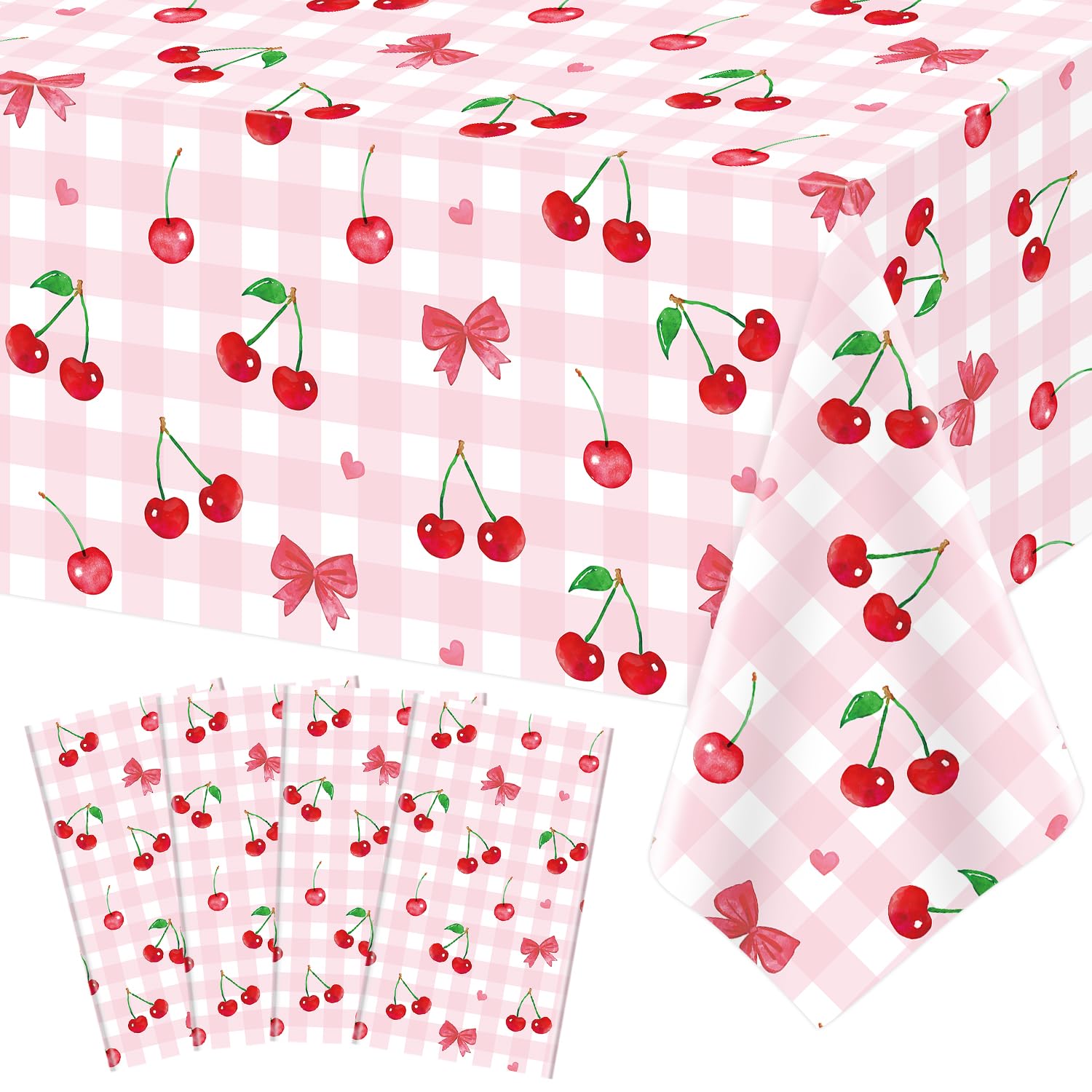 4Pcs Cherry Tablecloth Bow Party Tablecloths Pink Checkered Bow Plastic Table Cloth Cherry Birthday Decorations Fruit Theme Party Supplies Wedding Bridal Shower Baby Shower Birthday Decor 86 x 51 Inch
