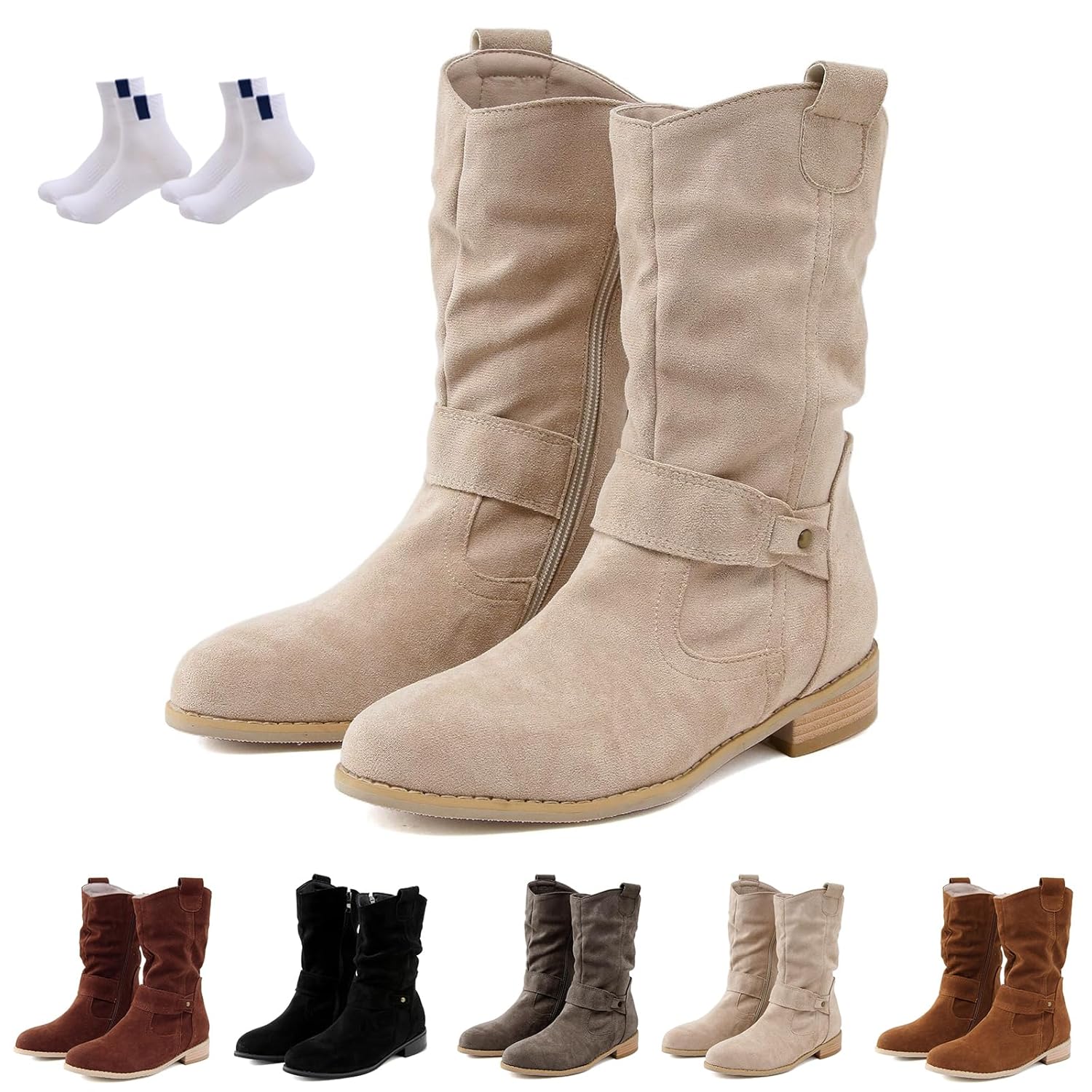 Ankle Boots for Women Low Heel Wide Width Flats Round Toe Faux Suede Booties Fashion Dressy Winter Zipper