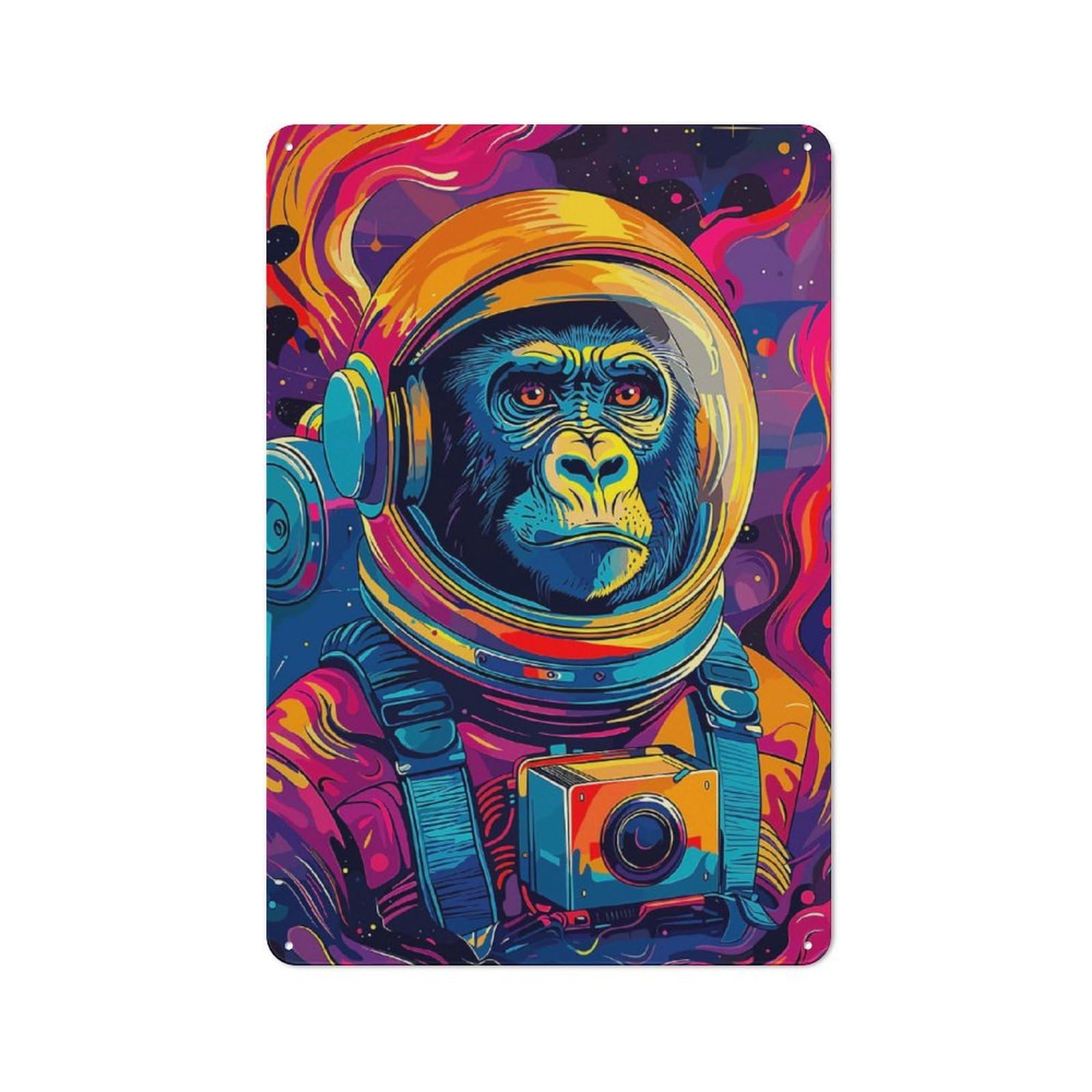 Junmoney Astronaut Gorilla Space Metal Plaque 30X20cm With For Pub Or Café, Rustic Decor, For Pub Decor Enthusiasts