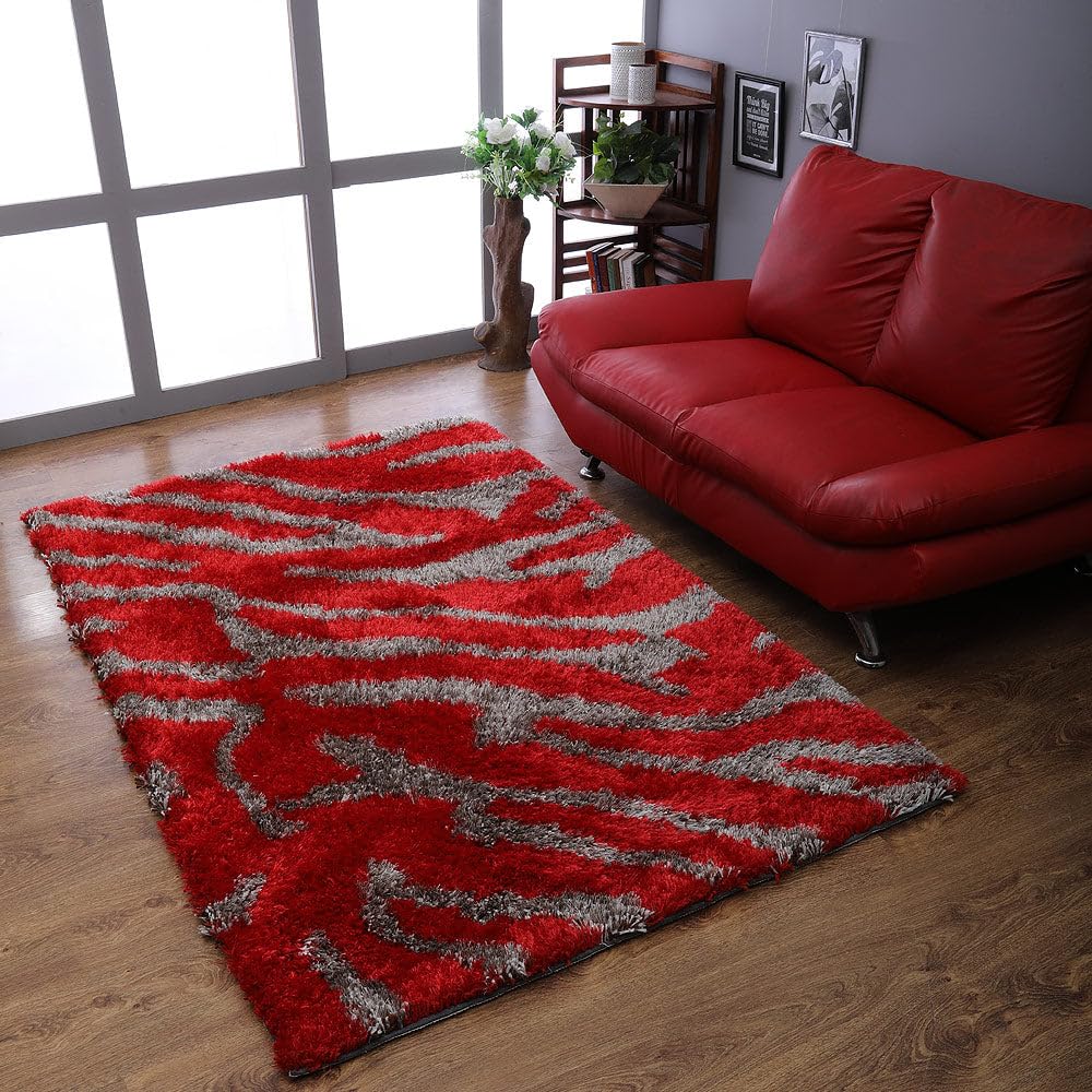 Hand Tufted SHAG Polyester ECO-Friendly Area Rugs - 4'x6', Rectangle, Red Beige, Abstract Modern Design, High Pile Thick Handmade Anti Skid Rugs for Living Room K00078