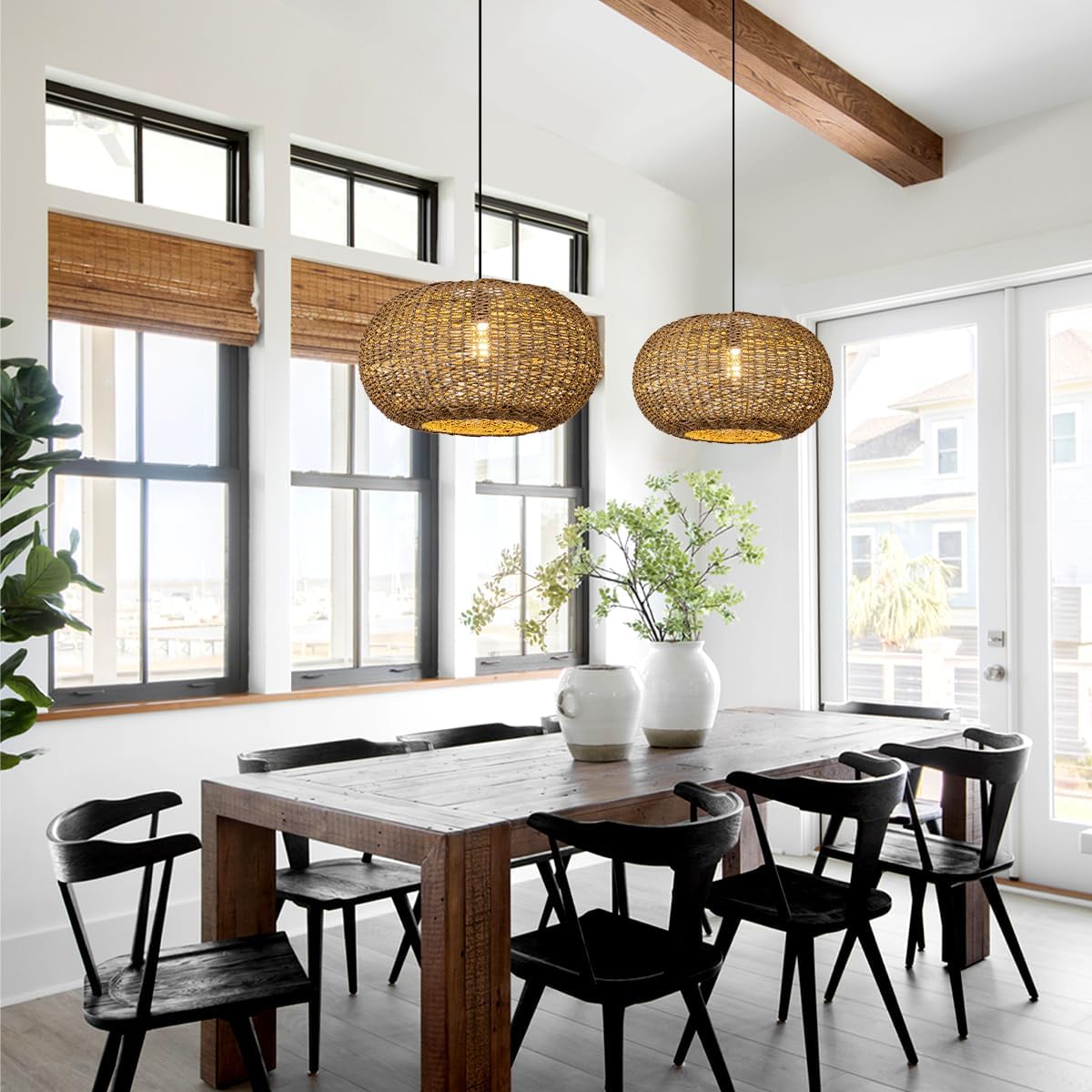 19.7in Rattan Light Coastal Pendant Lights Brown Wicker Hanging Ceiling Chandelier Lighting Fixture for Dining Room Restaurant Kitchen Island Living Room Hallway Yard Bedroom 1-Light