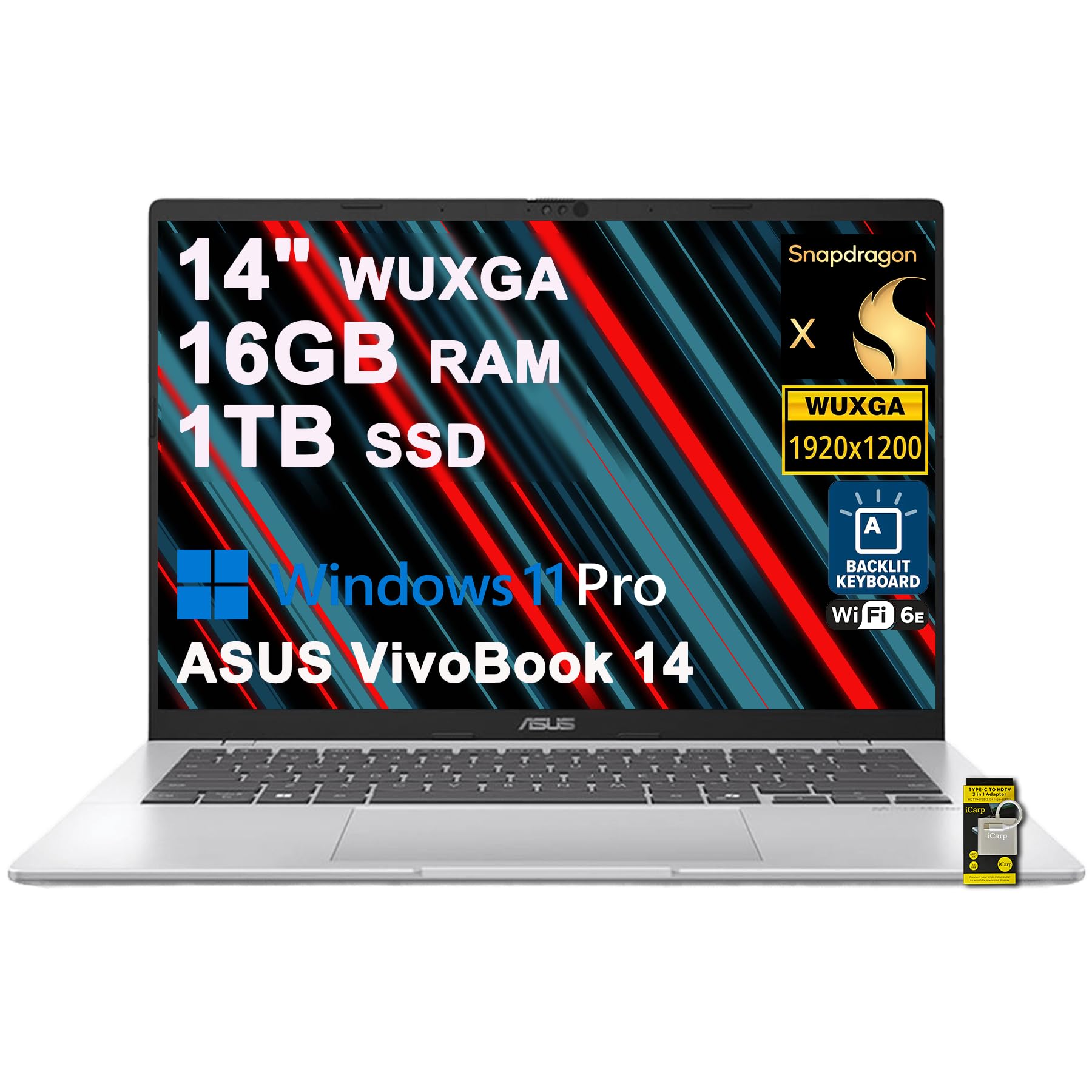 ASUS VivoBook 14 Laptop 14" WUXGA Anti-Glare Snapdragon X 8-core (45 AI Tops) 16GB RAM 1TB SSD Backlit USB4 FHD IR Privacy Camera Wi-Fi6E for Creator Designer Business Professional Win11Pro ICP Hub