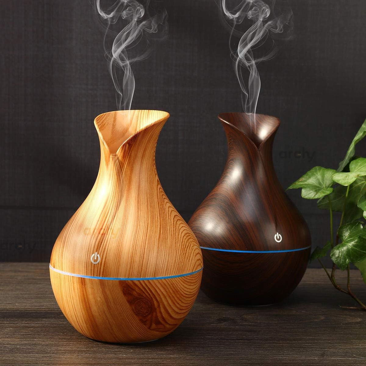 mobigon Wood Cool Mist Ultrasonic Humidifier for Room Moisture, Aroma Diffuser for Home, 200ml Essential Oil Diffuser with 7 Colorful Night Light, Auto Shut-Off, Home, Office, car (E.Light Brown)