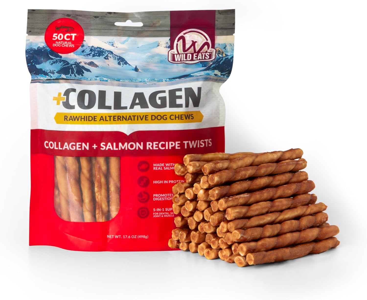 Wild Eats Salmon Flavor Collagen Twist Style Long Lasting Dog Chews (50 Pack, 1 cm Wide) No Hide, Dog Treat Bully Stick Alternative, Rawhide Free, Grain Free, High Protein