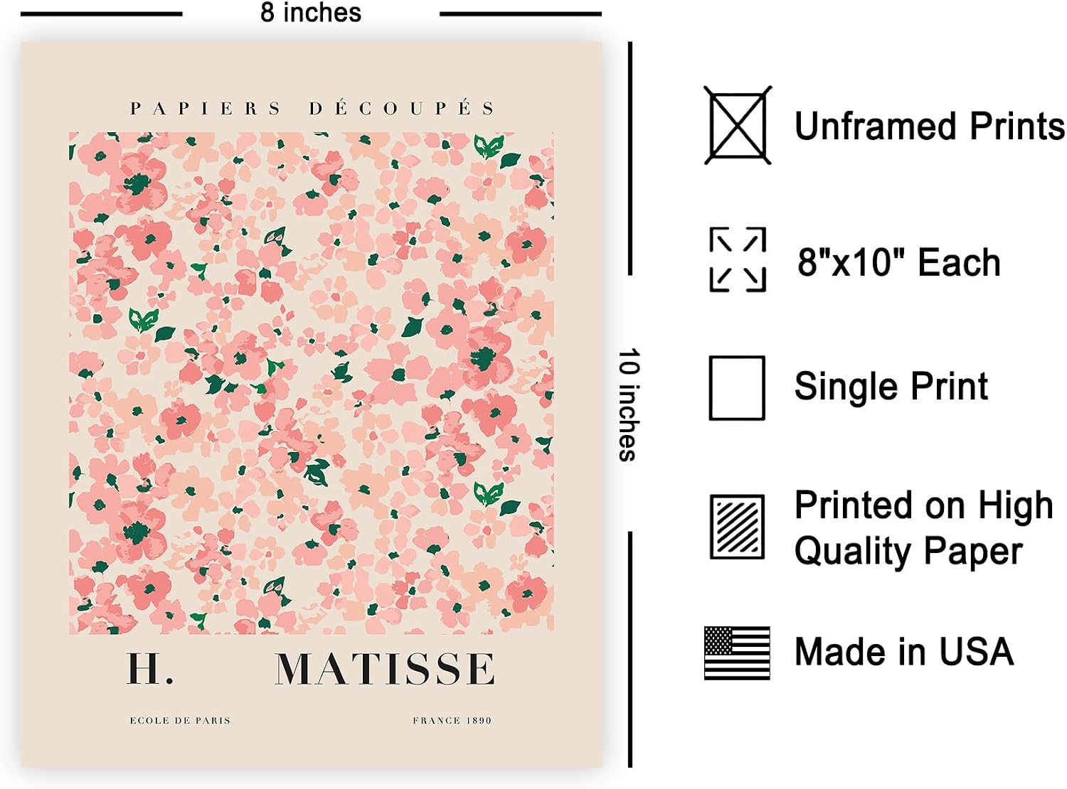 Poster Master Vintage Henri Matisse Poster - Retro Pink Flowers Print - Flower Art - Floral Art - Gift for Men & Women - Aesthetic Decor for Kitchen, Living Room or Bedroom - 8x10 UNFRAMED Wall Art