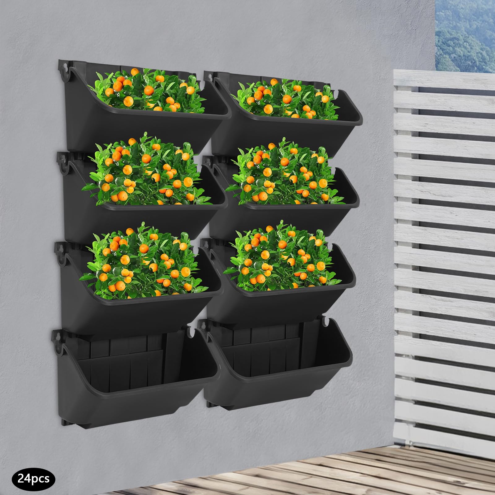 24 Pièces Jardinière Murale Suspendue Pot De Fleur, Mural Extérieur Jardinière Balcon Autoportante avec Réservoir d'eau 300ml PP Noir, pour Jardin Terrasse Patio Légumes Herbes Intérieur