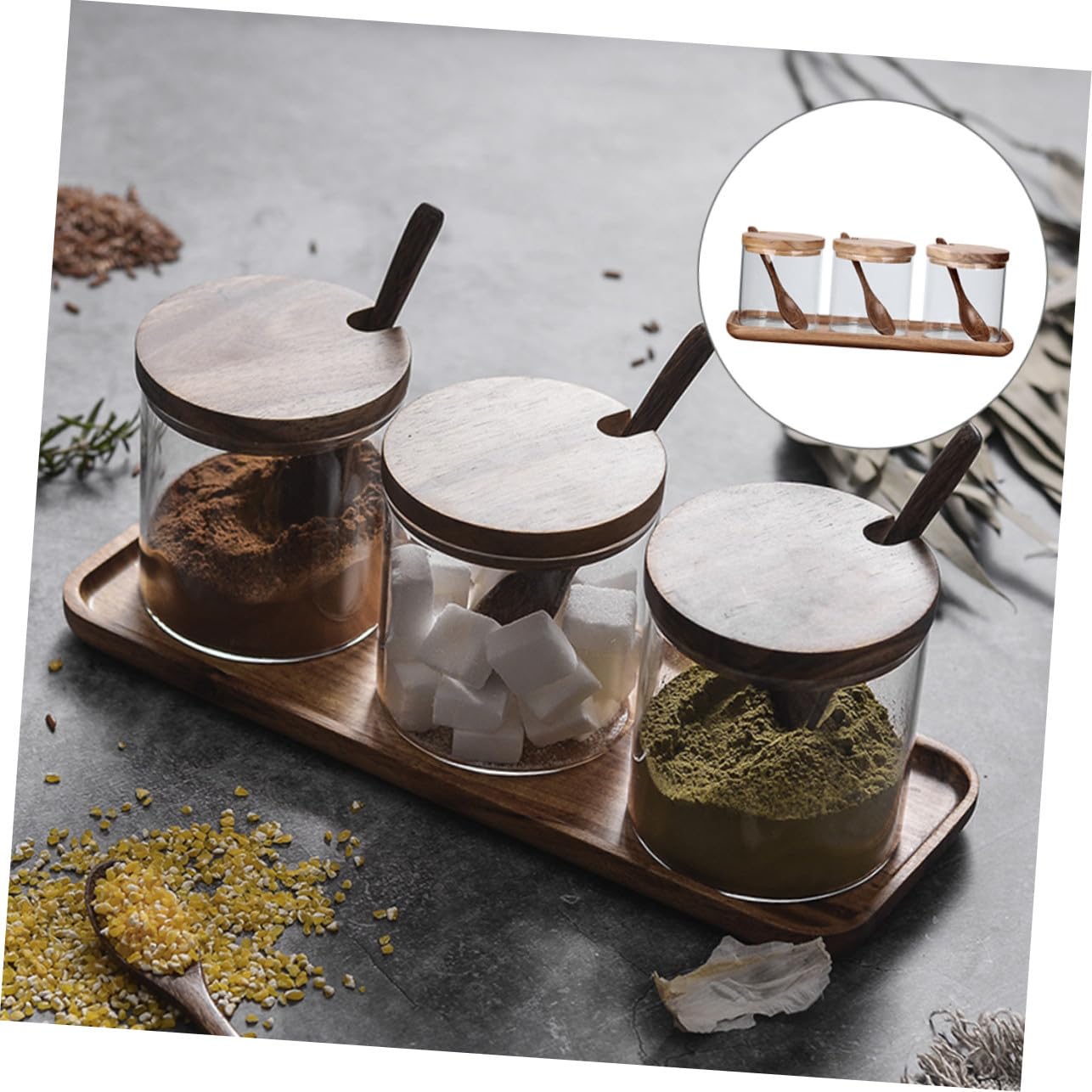 Gewürzgläser mit Holzdeckel und Löffel Kleines Glas Vorratsglas für Gewürze und Lebensmittelaufbewahrung Leicht zu Reinigen für Küche und Kochen