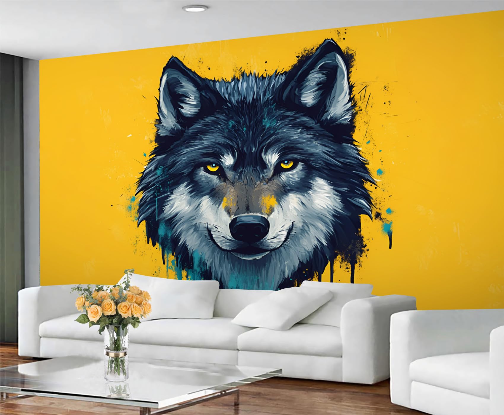 GIVLWF Wallpaper - Wolf Home Decor & Mural, Portrait Animals Bedroom Wallpaper, Simple Yellow Wall Paper for Living Room, Large Wall Mural (Not Self-Adhesive)