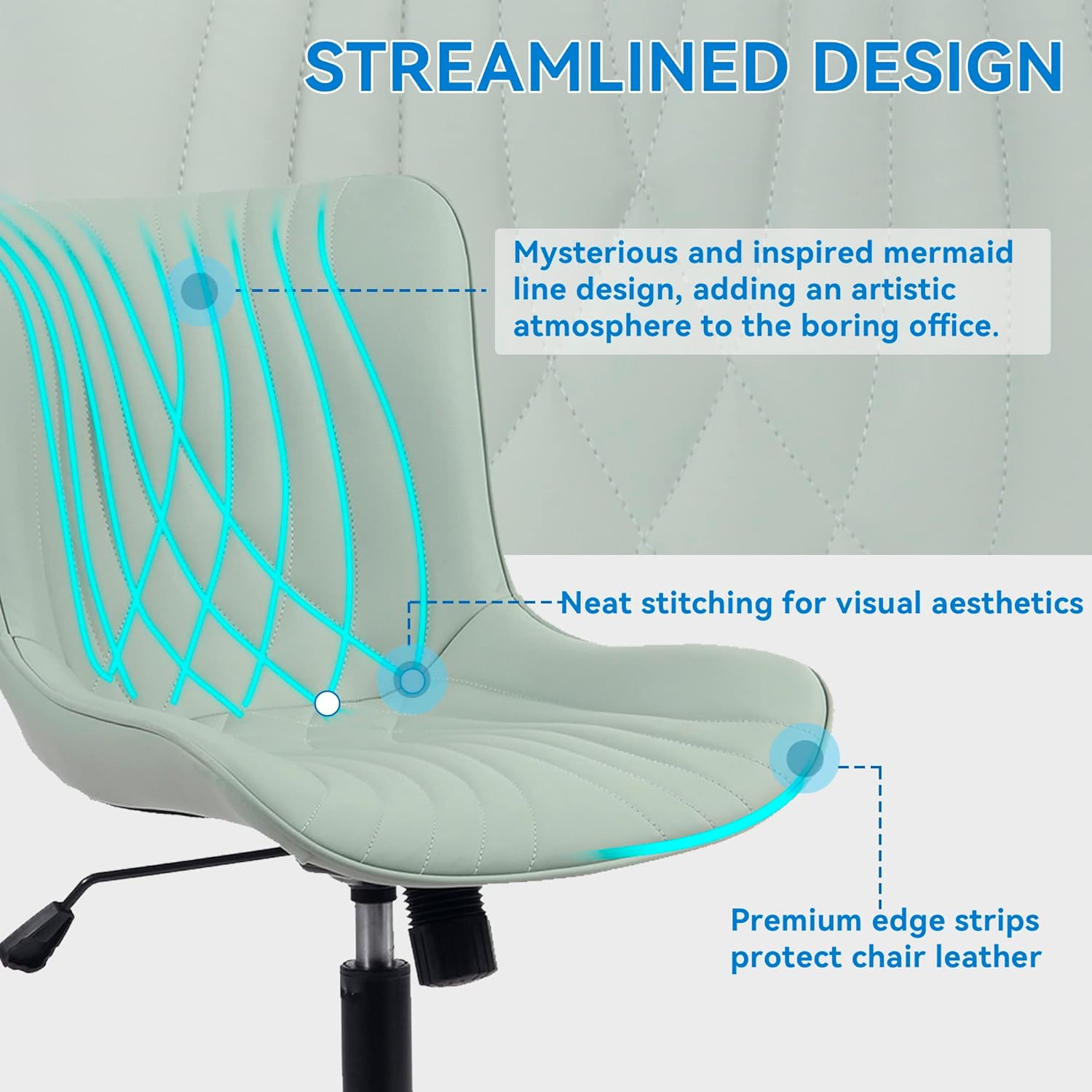 YOUNIKE Office Chair, Armless Desk Chair with Wheels, Home Office Computer Task Chairs, Modern Faux Leather Padded Vanity Chair, Adjustable Swivel Rolling Office Chair with Back, Mint Seafoam Green
