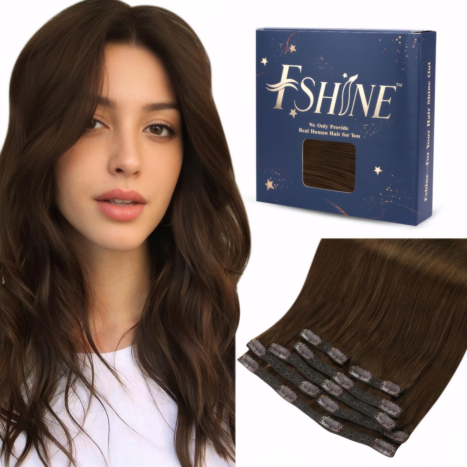 Fshine Clip Extensions Capelli Veri Marrone Medio Extension Remy Clip 120g 35CM 7Pcs Extension Capelli Umani Clip Double Weft Extension Human Hair Clip Brasiliani Hair Extensions Seamless #4