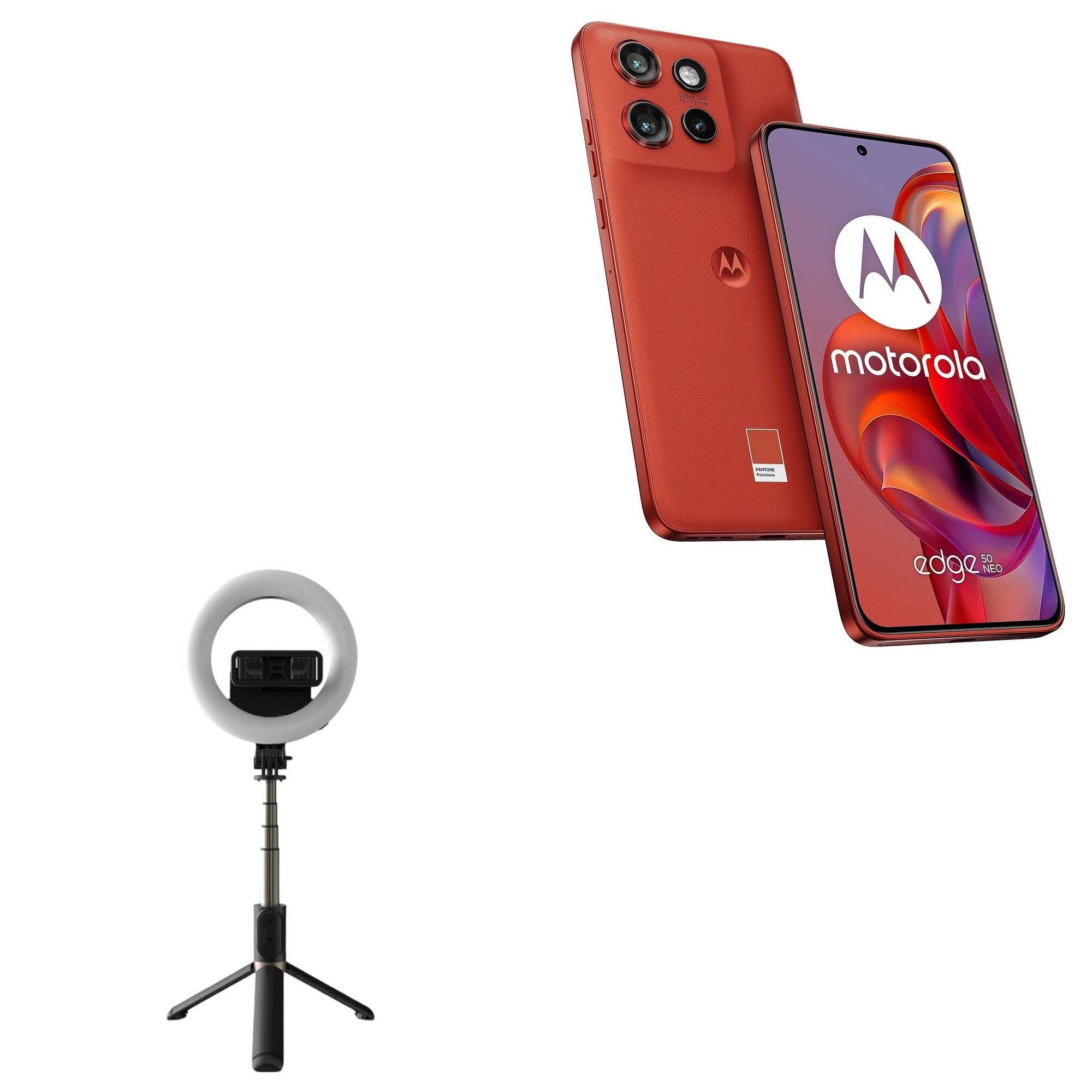 BoxWave Stand and Mount Compatible with Motorola Edge 50 Neo - RingLight SelfiePod, Selfie Stick Extendable Arm with Ring Light - Jet Black