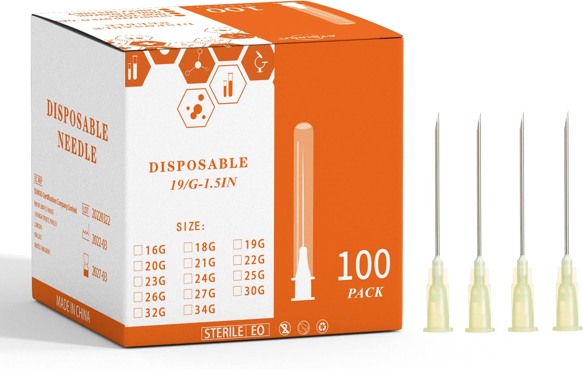 Disposable Luer Lock Needle 100Pack (19G-1.5IN)