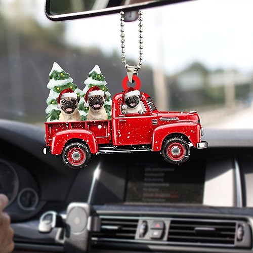 Miniatura 6 de Talataca Pug con camión rojo de Navidad, árbol de pino, regalo 2D plano para espejo retrovisor, accesorios para el árbol de Navidad, adorno para