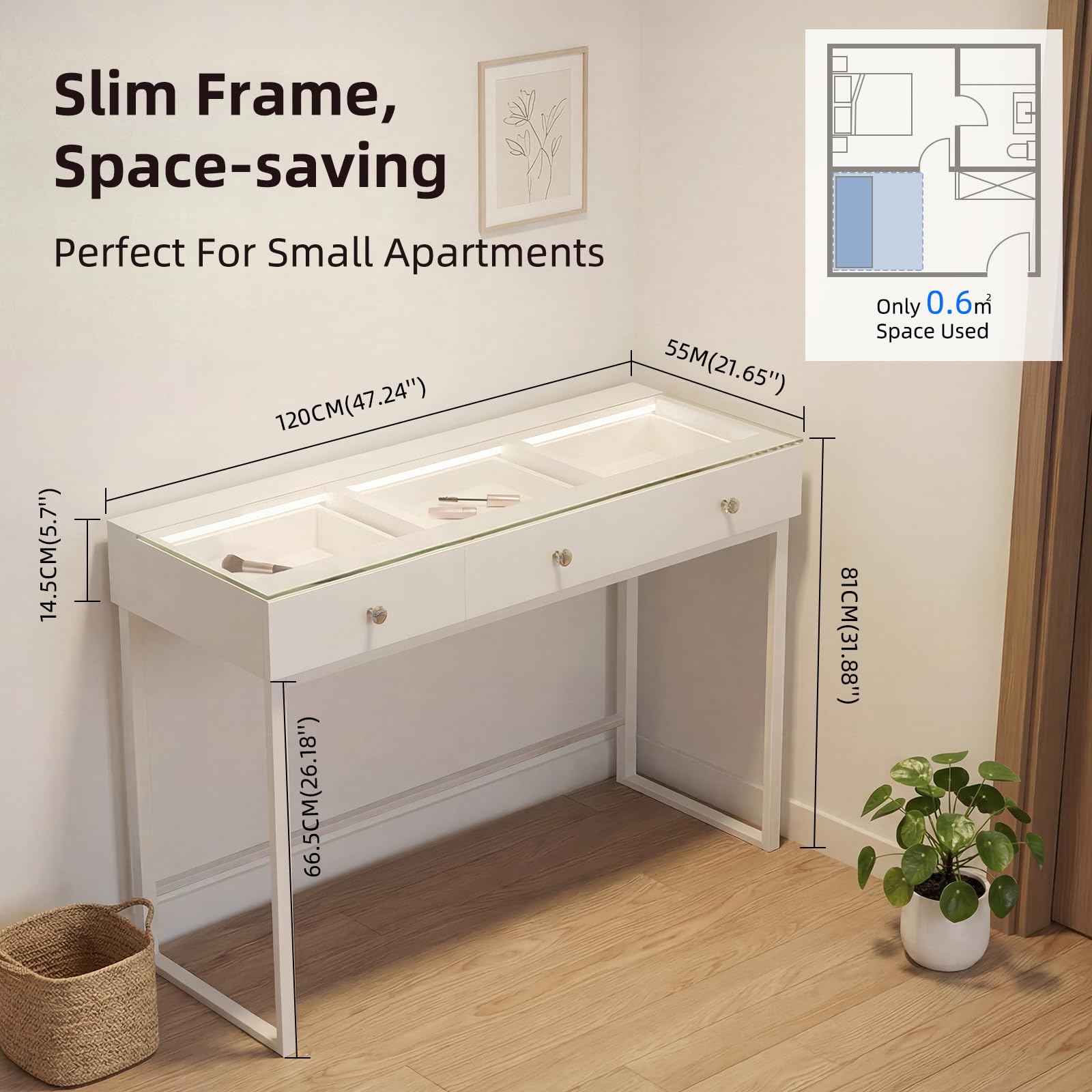 FENCHILIN Schminktisch mit Beleuchtung 3 großen Schubladen 115 x 55 x 81 cm | Schminktisch mit 3 Lichtfarben und transparenter Tischplatte aus gehärtetem Glas für Schlafzimmer und Ankleidezimmer Weiß